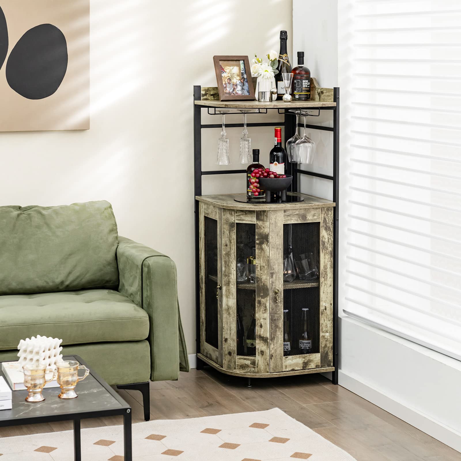 Cabinet With Glass Holder, Industrial Wine Cabinet With Metal Mesh Doors & Adjustable Shelf, Buffet Cabinet With Anti-tip Kit For Home Kitchen Dining Room Bistro, Rustic Brown