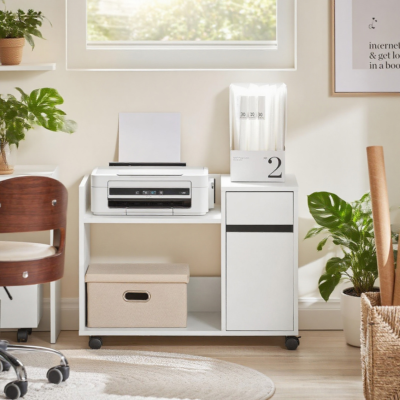 1pc Printer Furniture With Wheels, Office Cabinet With Drawer And Door, Compact White Desk Storage Unit, 72x40x54cm - Btl13-x