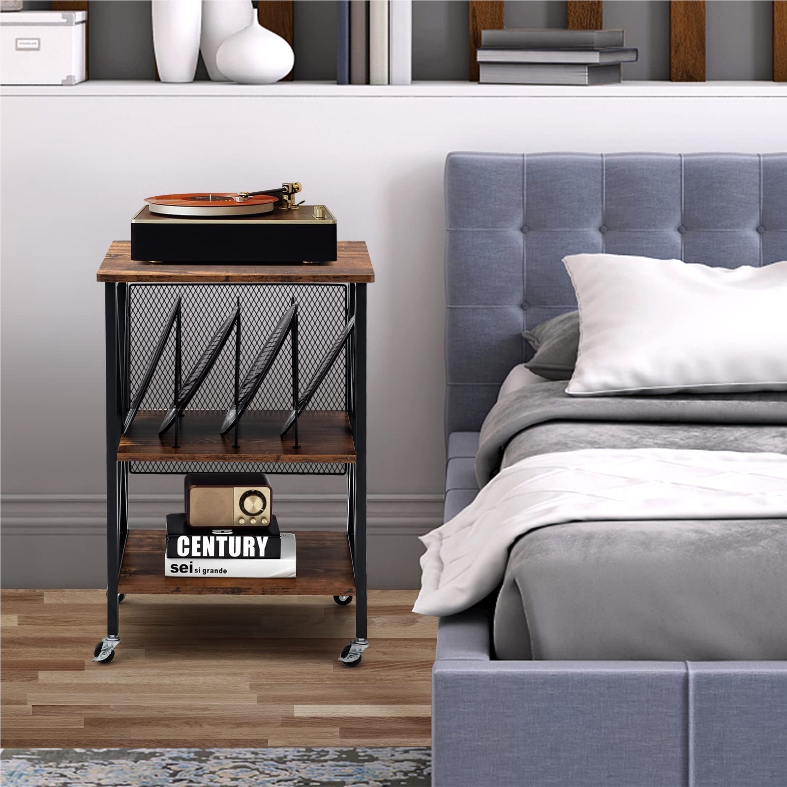 Image of 3-tier Side Table With Plate Shelves, Industrial Wooden Record Player Stand, Coffee Table With Metal Frame & Lockable Wheels For Living Room, Bedroom, 52 X 45 X 75cm