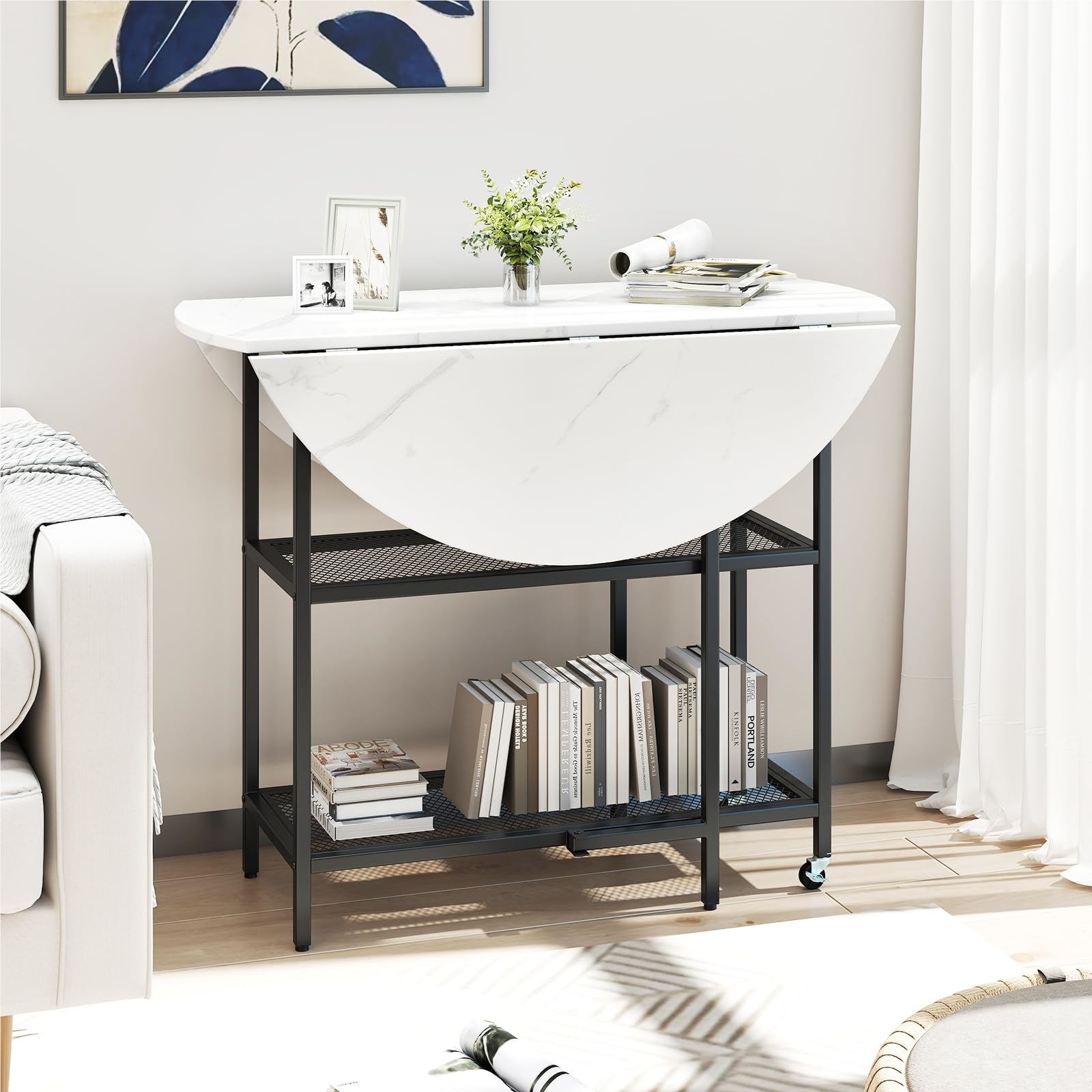 Folding Dining Table, Portable Folding - , Kitchen Table With 2 Storage Compartments, Dining Table Marble Look, Round Table For Dining Room, Living Room (white)