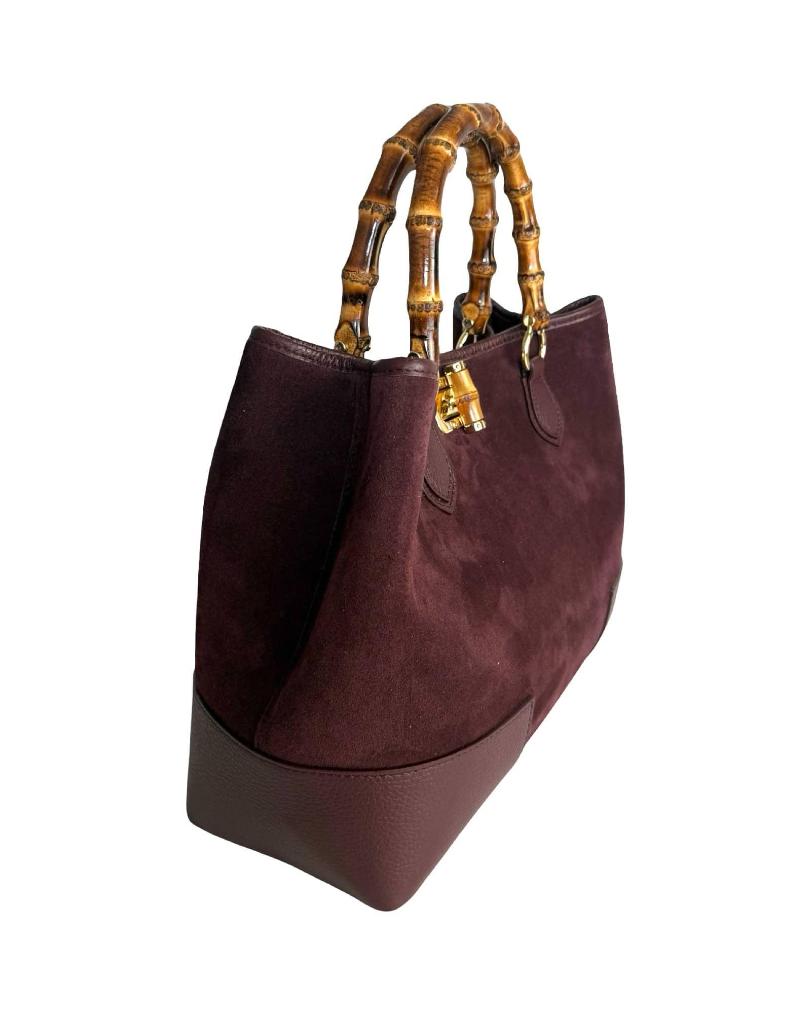 Suede and Genuine Leather Handbag with Bamboo Handles – Artisan Elegance Made in Italy