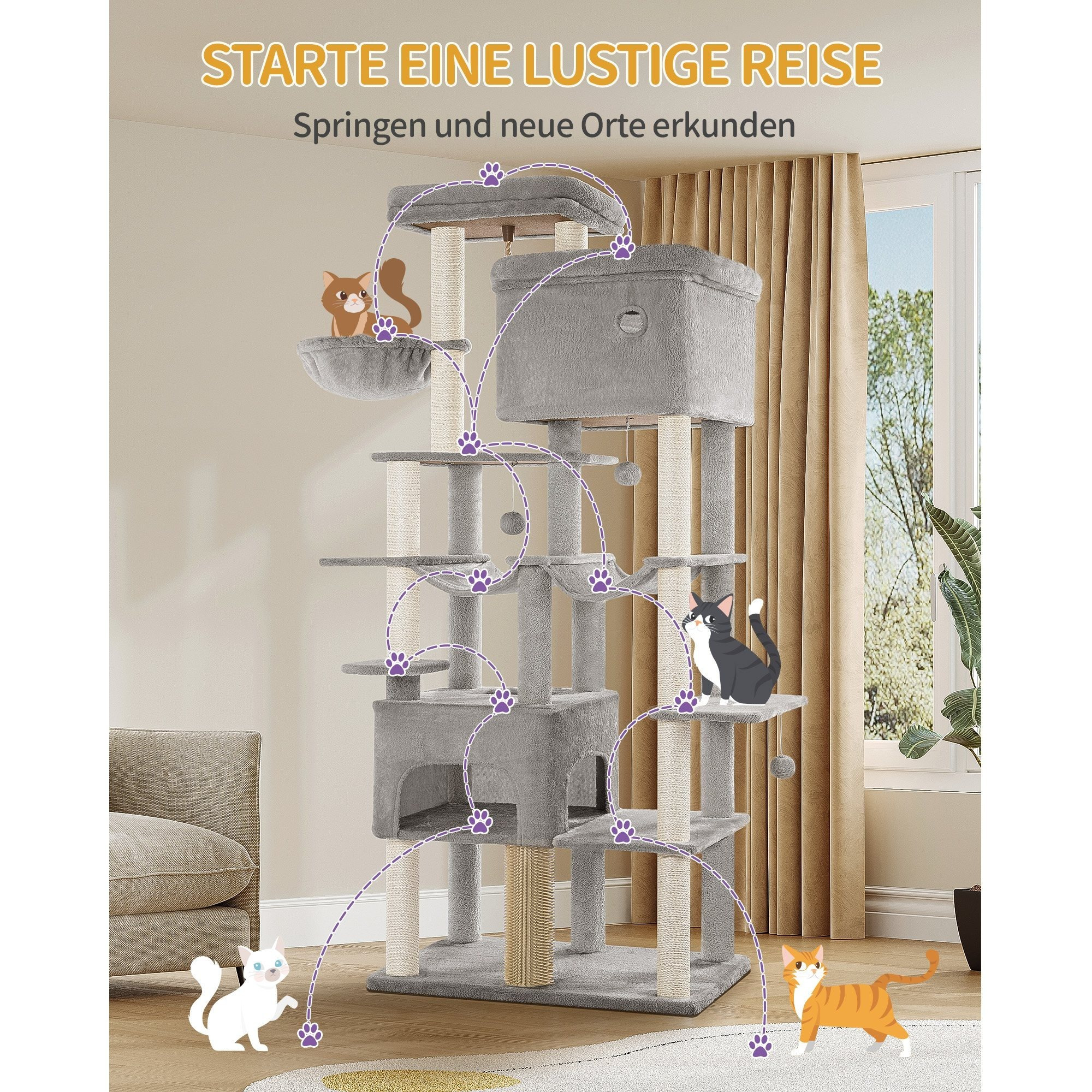 E-shop Kratzbaum, 200cm XXL Kratzbaum mit 10 Kratzsäulen, 2 , 2 Hängematten, große Plattform, Katzenbürsten, Korb,Schwerer Katzenbaum für Maine Coon,
