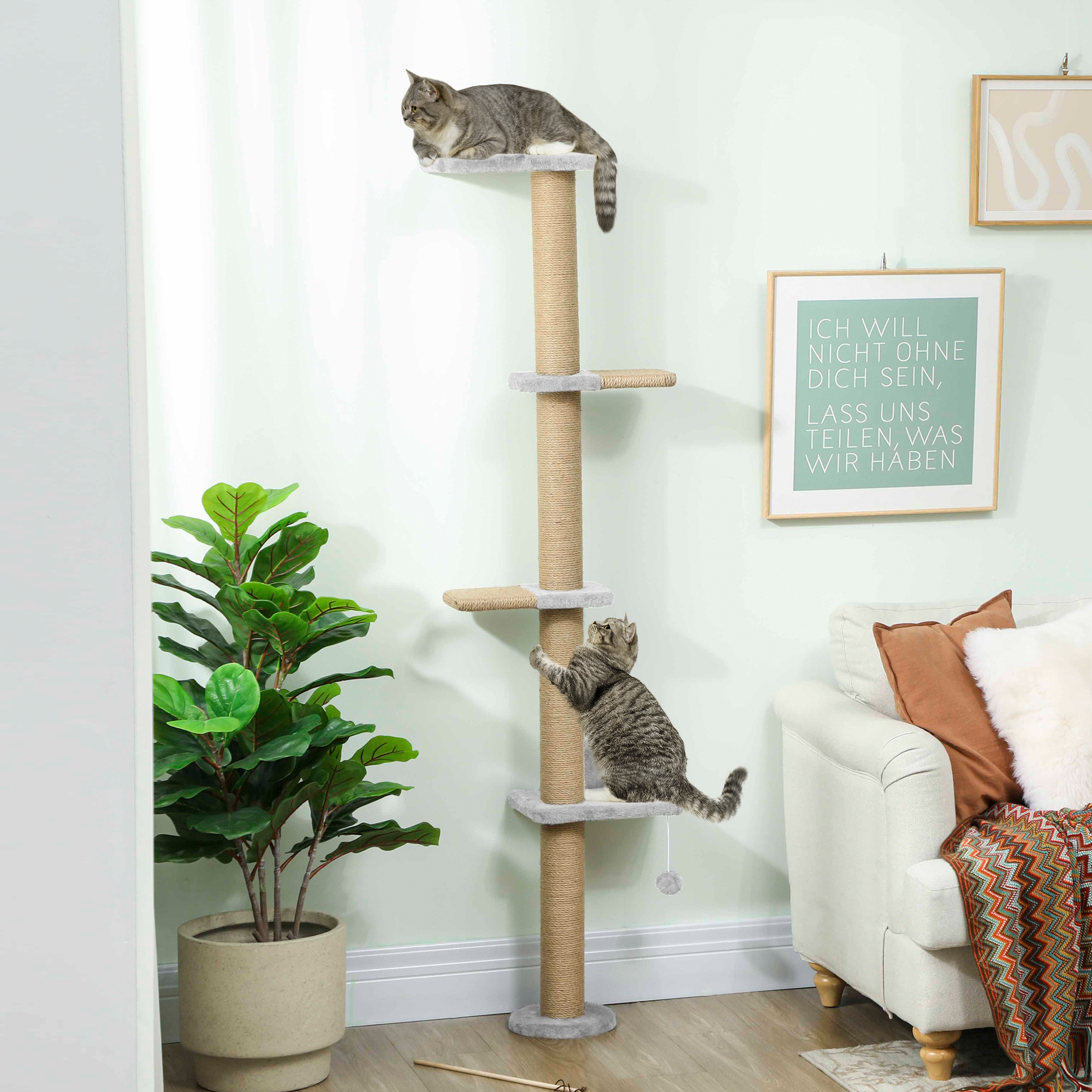 Scratching Tree 5 Floors 180 Cm Wall-mounted Cat Tree With Scratching Columns, Play Ball, Jump Plate For Cats To Climb, Scratch, Light Gray.