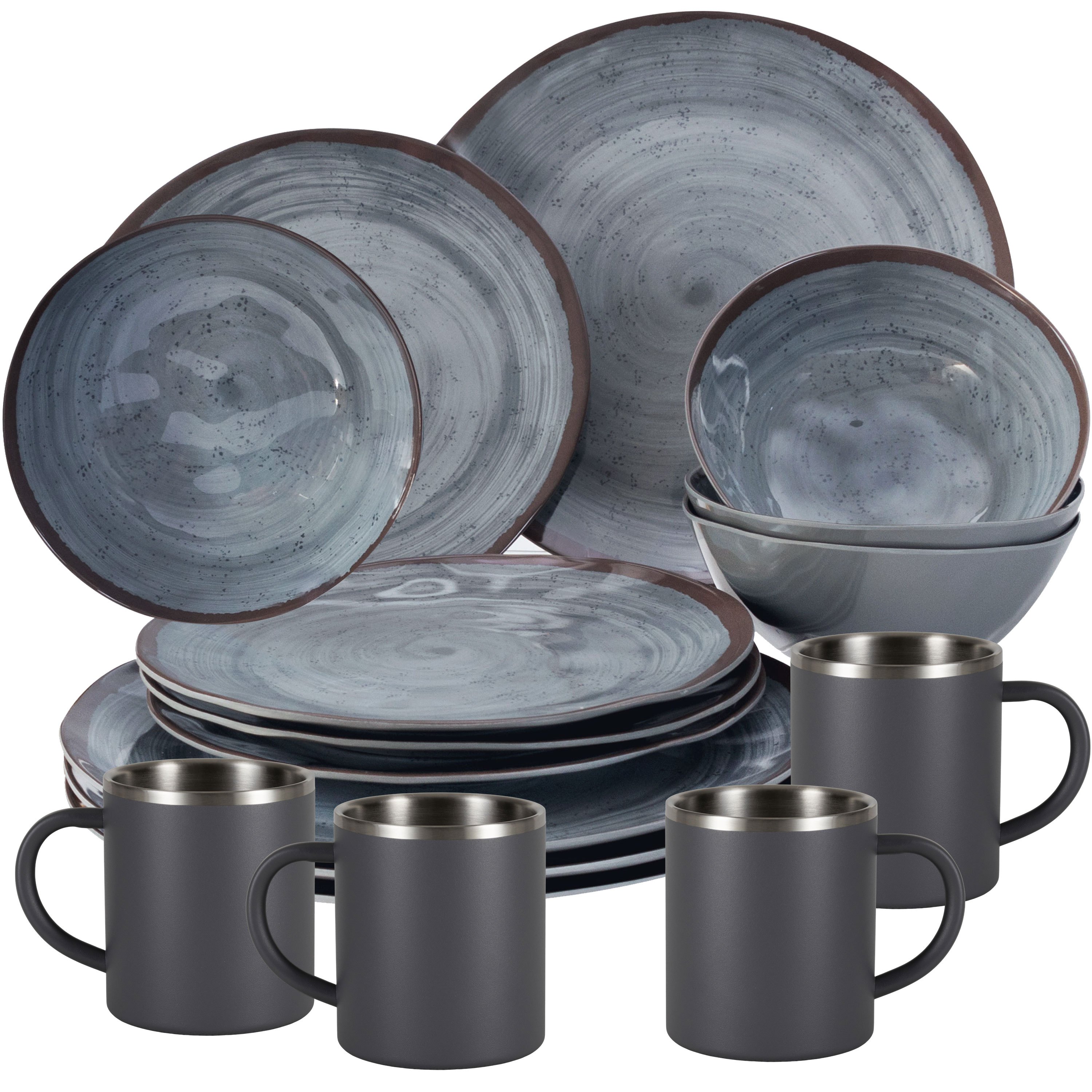 Melamine Dish Set Gray For 16pcs With Stainless Steel Thermo Cups Double-walled - Tone Optics Tableware - Camping Tableware Picnic Ideal For Modern Outdoor Camping