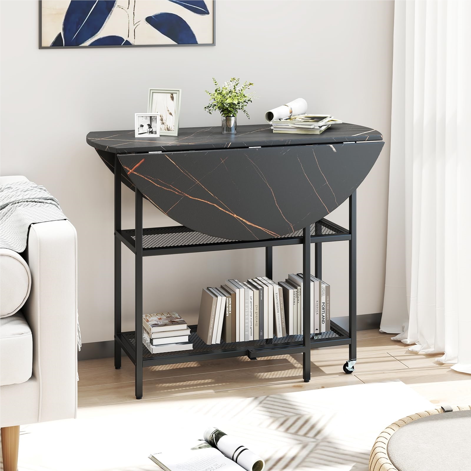 Folding Dining Table, Mobile Folding -, Kitchen Table With 2 Storage Compartments, Marble-look Dining Table, Round Table For Dining Room, Living Room (black)