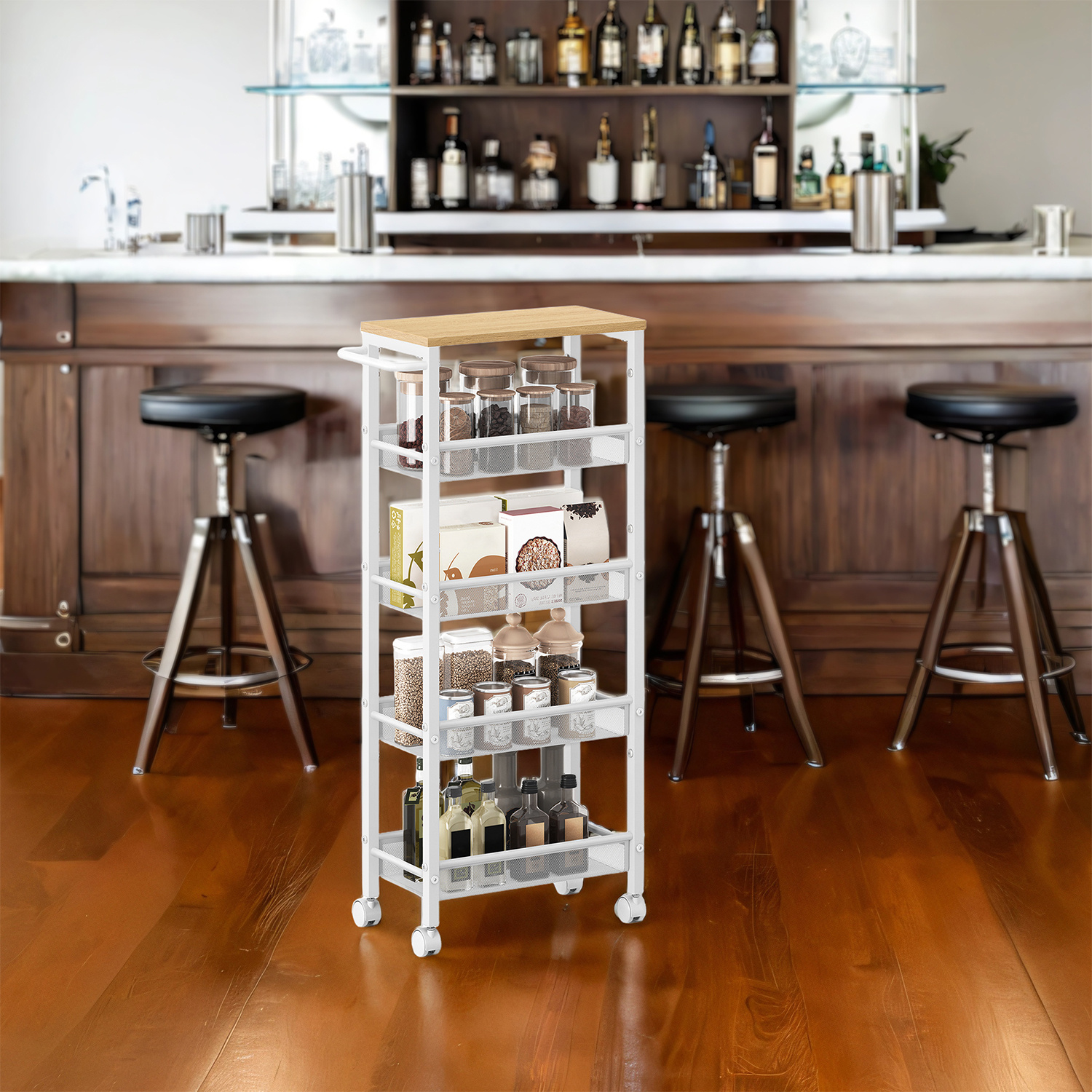 5-tier Rolling Cart, Narrow Kitchen Cart, Niche Shelf On Wheels, Steel, Handle, For Small Spaces, 22 X 45.4 .6 Cm, Kitchen, Bathroom, Living Room, Office, Oak-white
