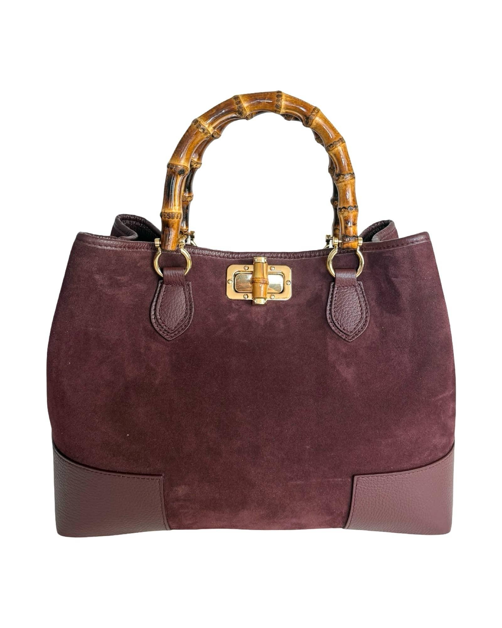 Suede and Genuine Leather Handbag with Bamboo Handles – Artisan Elegance Made in Italy