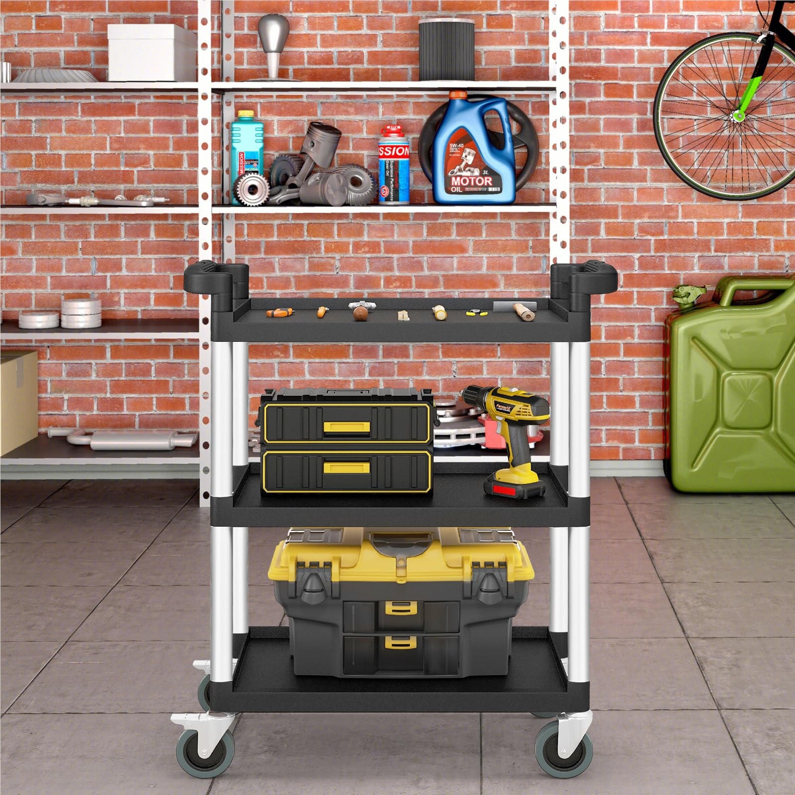 Workshop Trolley With 3 Levels, Serving Trolley With Lockable Wheels And Double Handles, Aluminum Roll Container Max. Load 225 Kg, Tool Trolley For Storage, Office, Kitchen, Garage