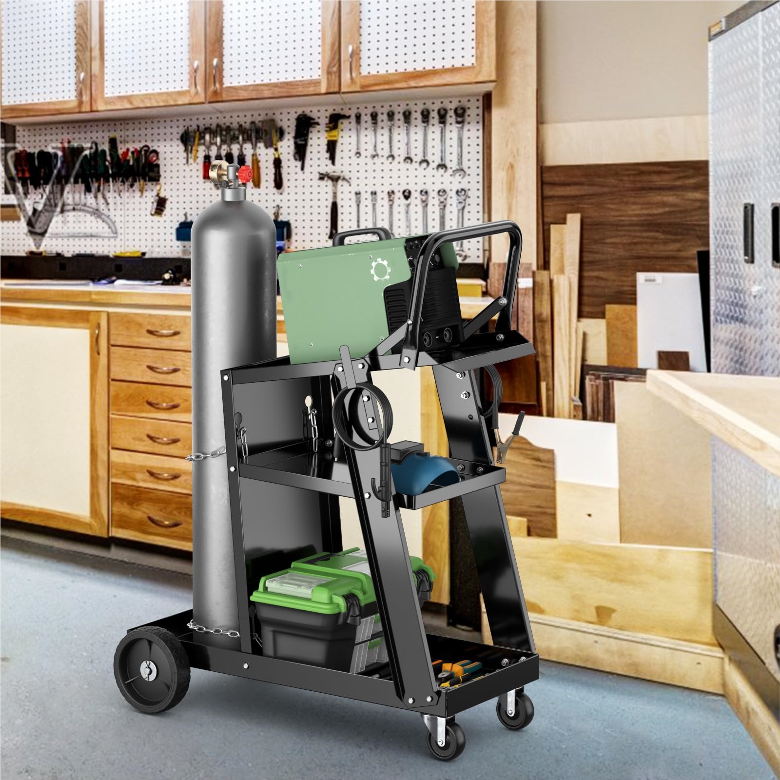 Welding Cart With 3 Shelves, Mobile Welding Cart For Welding Equipment, Welding Machine Cart With Protection Chains, Metal Tool Cart For Tig Mig Welders & Plasma Cutters