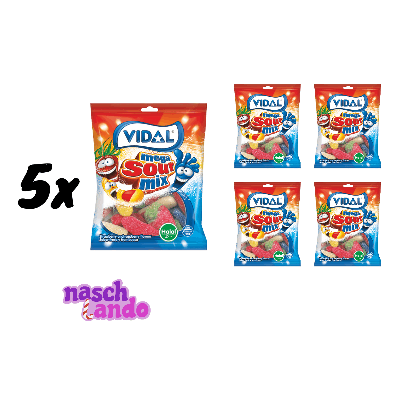 5-pack Vidal Halal Mega Sour Mix 90g Halal Fruit Gummies