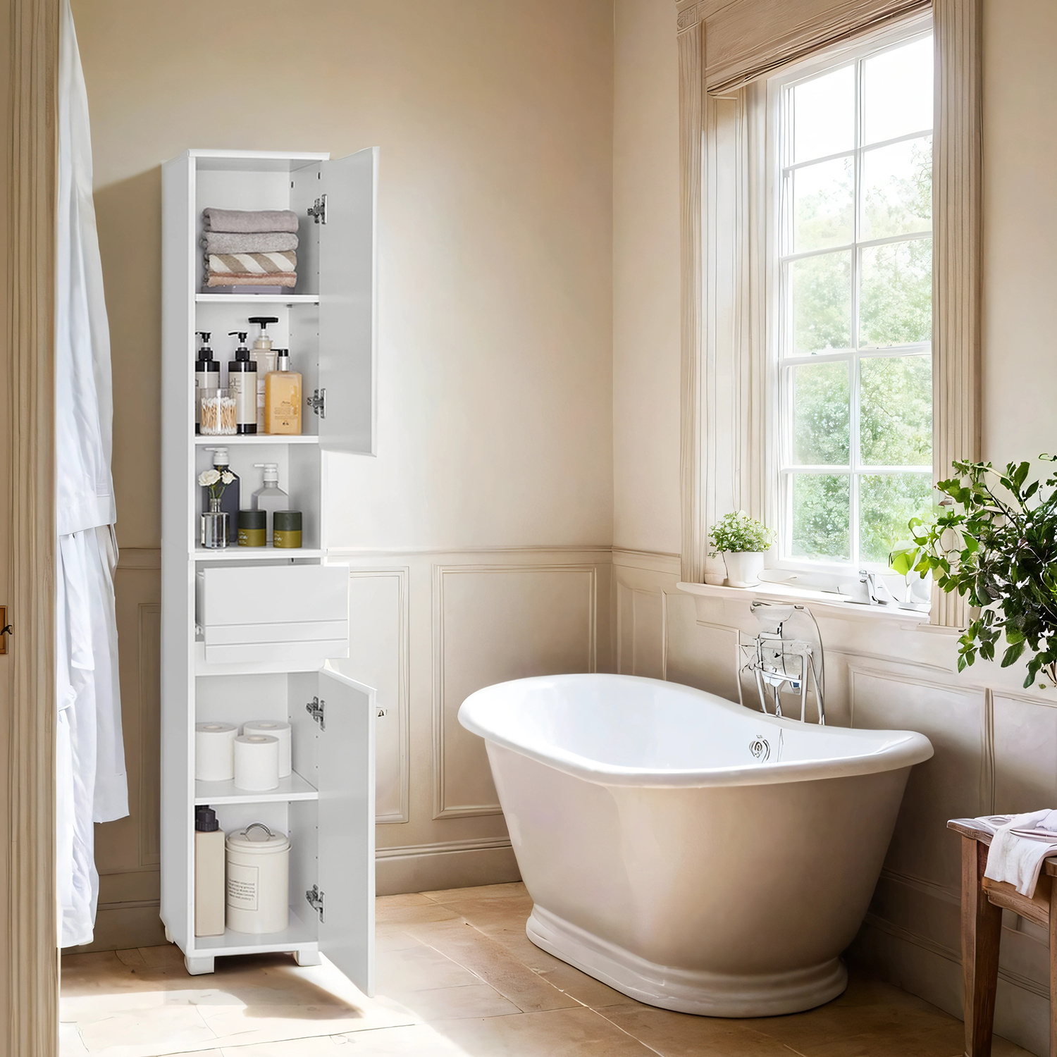 TEMU 1pc Modern Bathroom Cabinet With Rotating Drawer And Open Shelves - Space-saving Slim Organizer, Tall, With Drawer, Adjustable Shelves,