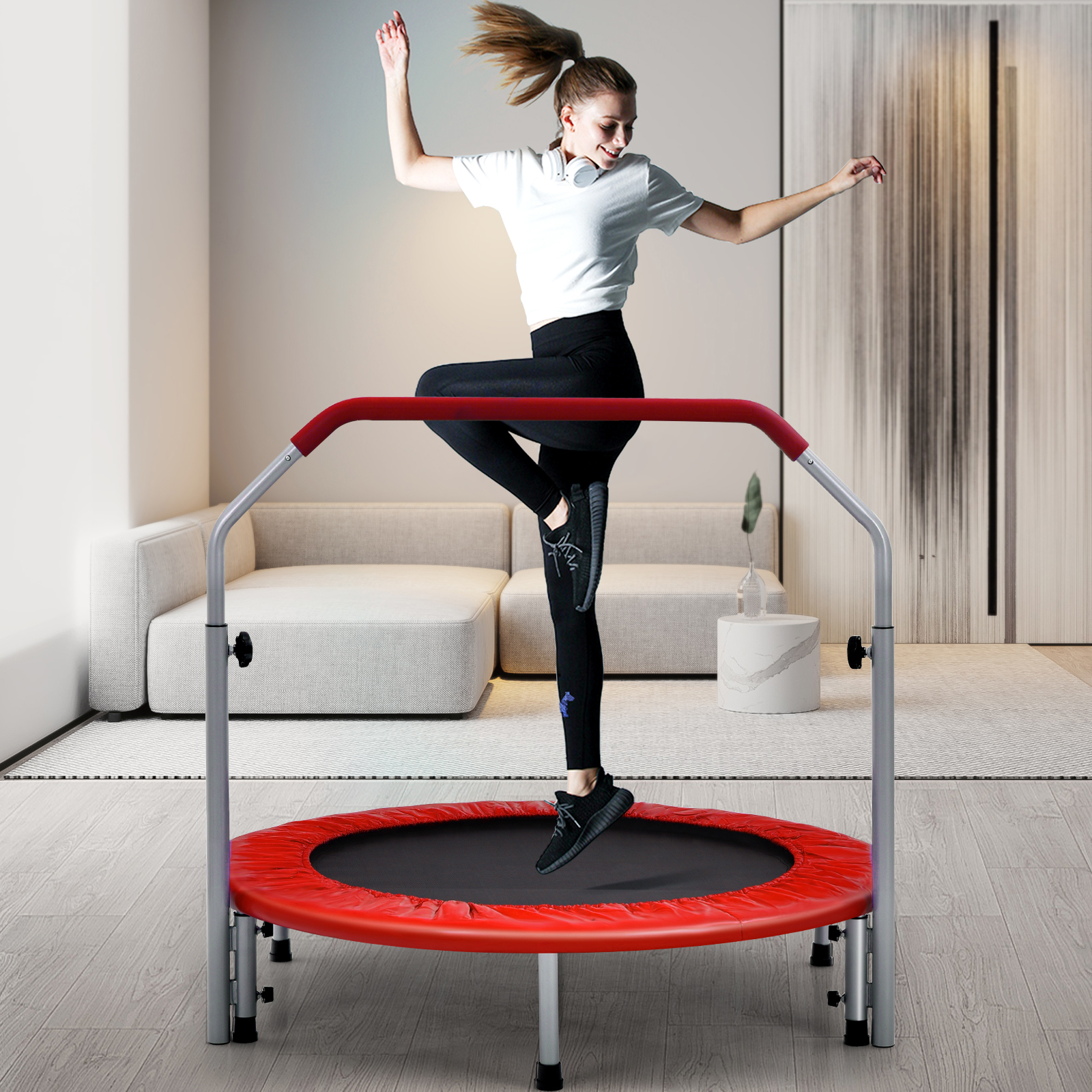 Foldable Mini Trampoline, Fitness Rebounder Trampoline For Adults With Height Adjustable Foam Handrail