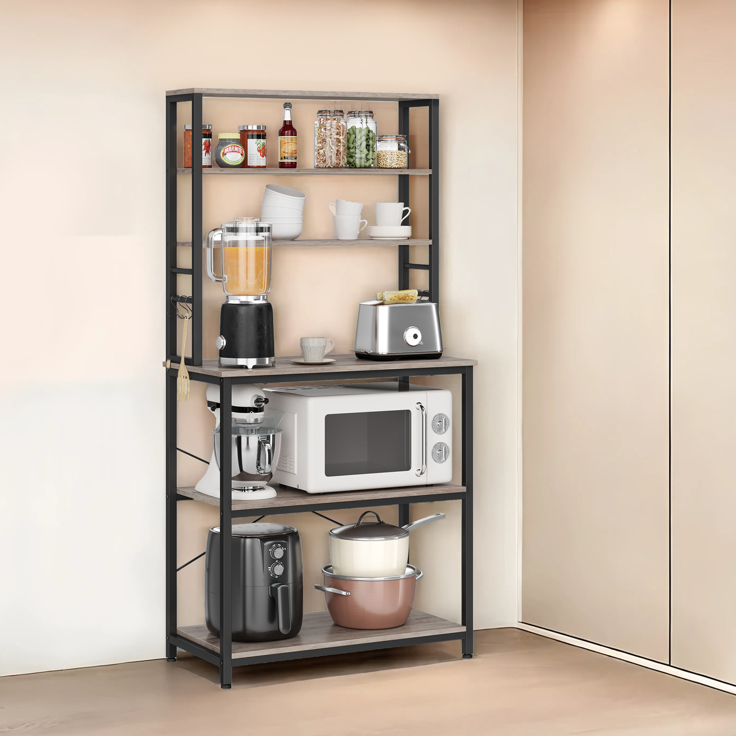 TEMU Scaffale da Cucina, Scaffale a Terra, Scaffale per Microonde, 6 Ripiani, 6 Ganci, Struttura in Acciaio