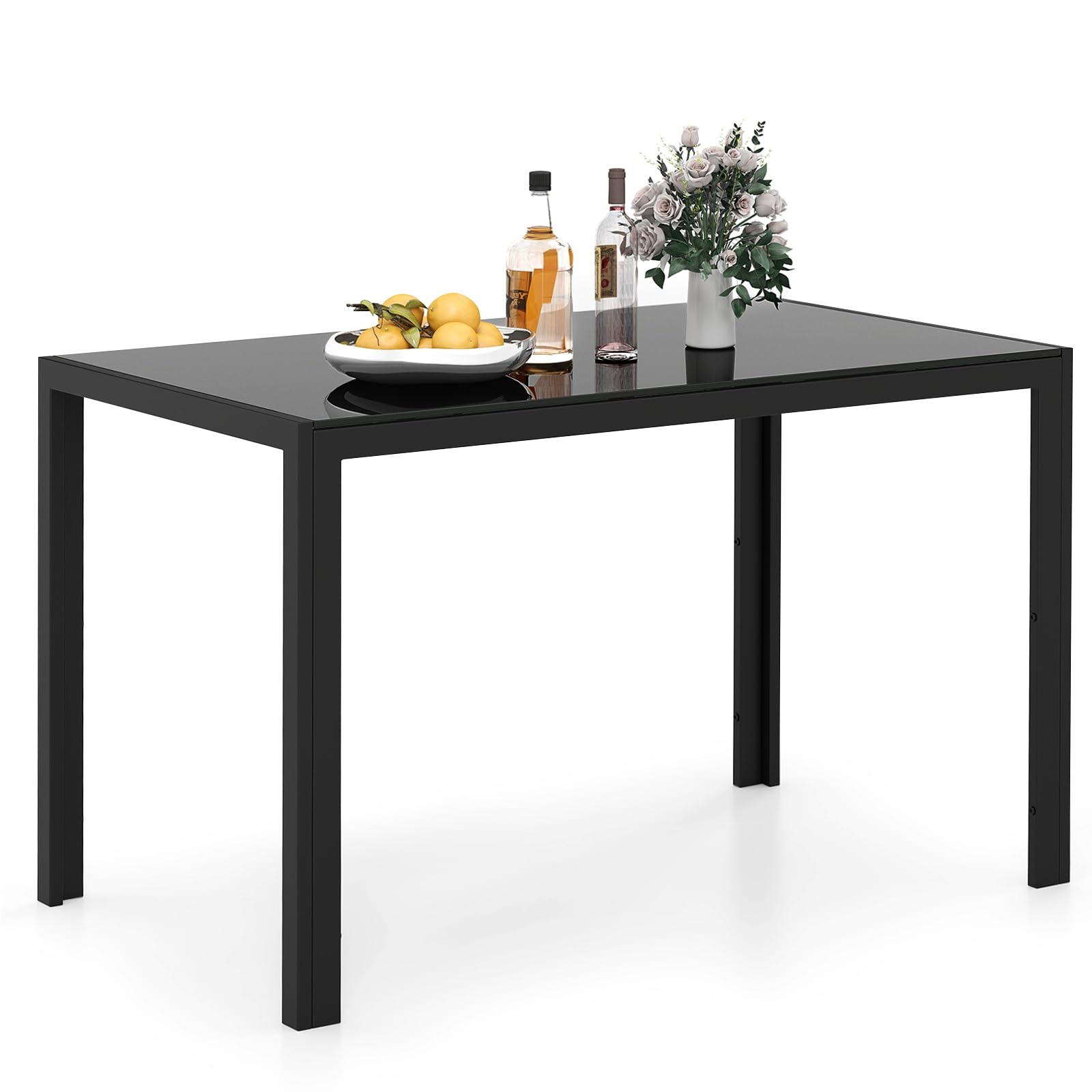 Image of Glass Dining Table For 4, Kitchen Table With Metal Frame, Square Dining Room Furniture For Kitchen, Living Room, Restaurant, 120 X 70 X 75 Cm, Black