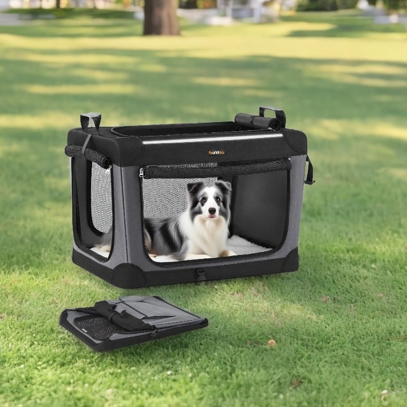 Image of Portable Breathable Pet Cage 76.2cm For Dogs And Cats, Foldable And Practical, Ideal For Travel And Outdoor Activities, With 4 Mesh Doors, Handles, Pockets For Food And Water Bottle.