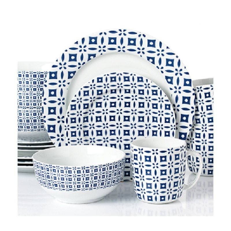 TEMU Waterside 16pc Blue Geo Porcelain Dinner Set