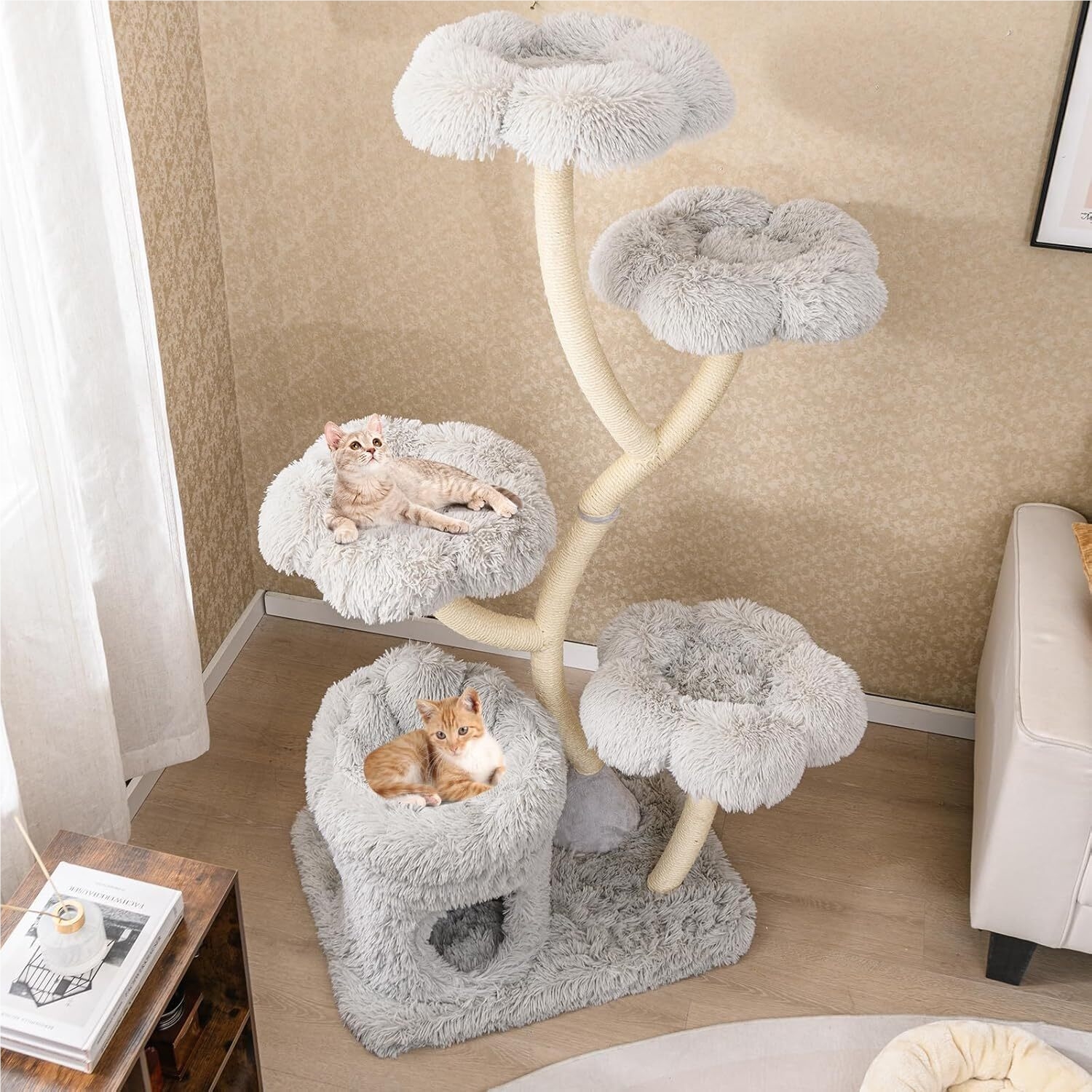 Cat Tree, 65" Tall Cat Tower With Flower-shaped Platforms, Sisal Scratching Posts, Padded Cat Condo