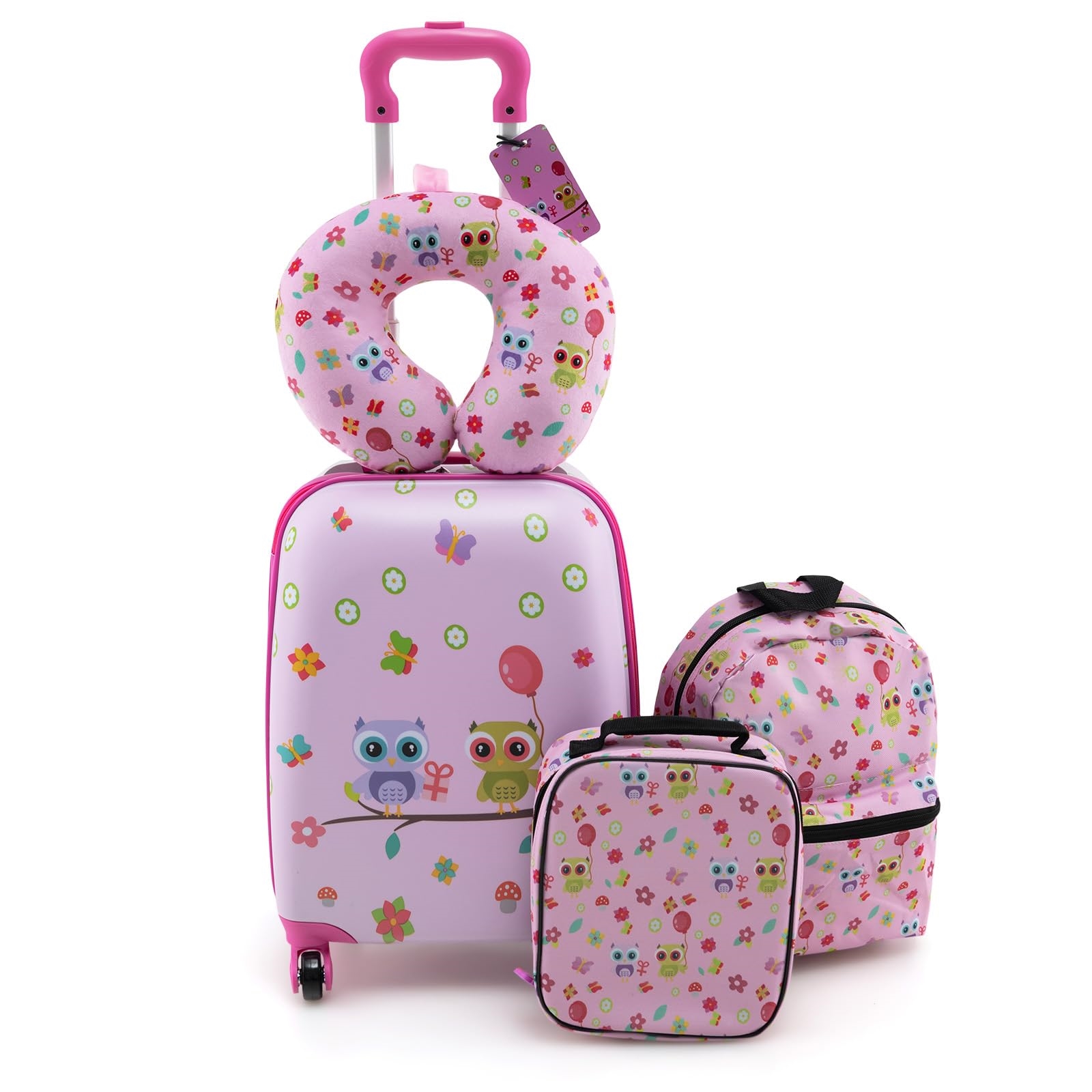 Image of 5-piece Kids' Luggage Set With Backpack, Children's Trolley With Lunchbox, Luggage Tag & Neck Pillow, Travel Suitcase With Wheels For (pink)