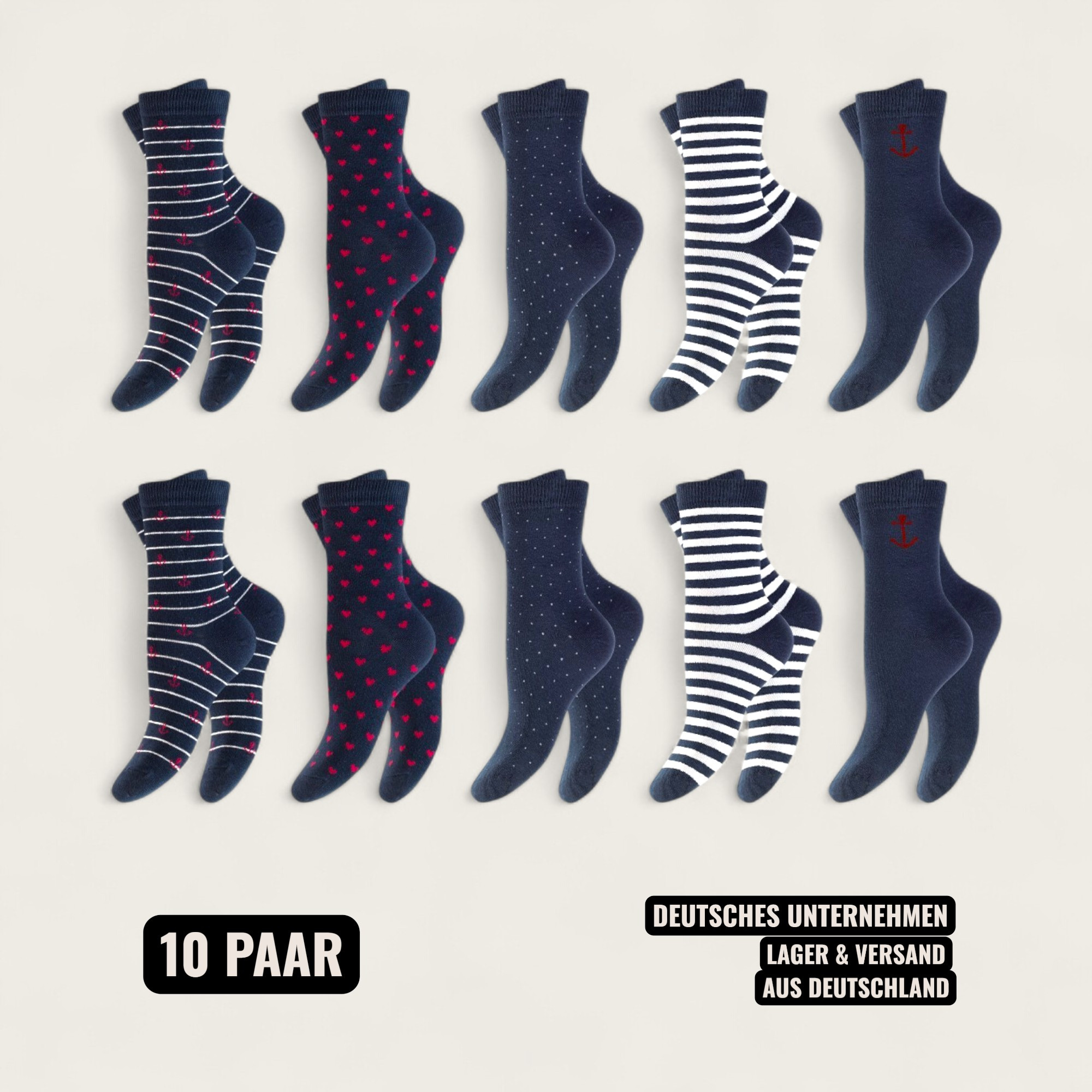 Image of Feelzone 10 Pairs Of Women's Socks With Anchor, Hearts, Stripes, Dots & Flowerswith Elastane In Sizes M = 35-38 And L = 39-42