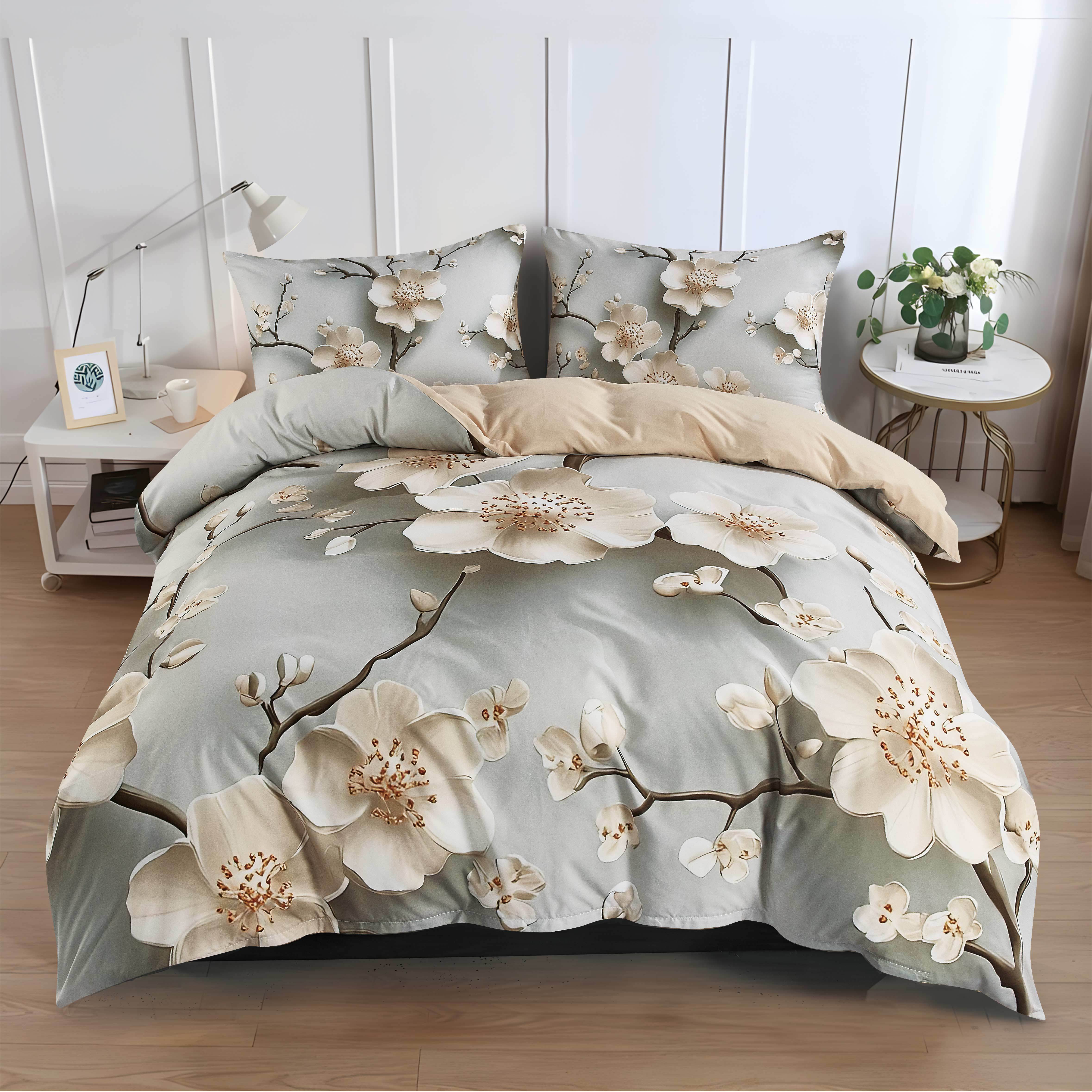 Nordic Ins- Gray Floral Printed 2/3pcs Set | 1 Duvet Cover +1/2 Pillowcases, Machine Washable, Comfortable In , Soft, Breathable And Comfortable Bedroom Dormitory Decoration Bedding Set