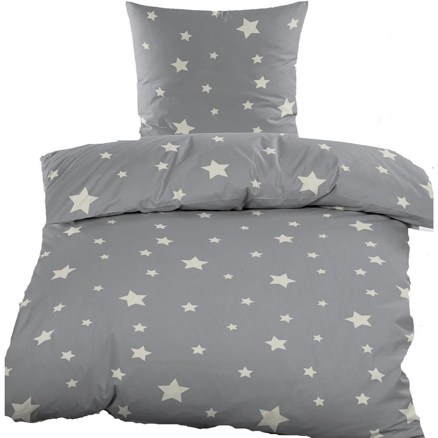Image of Kh-haushaltshandel Flannelette Bed Linen 135 X 200 + 80 X 80 Cm, Grey With White Stars, 100% Cotton