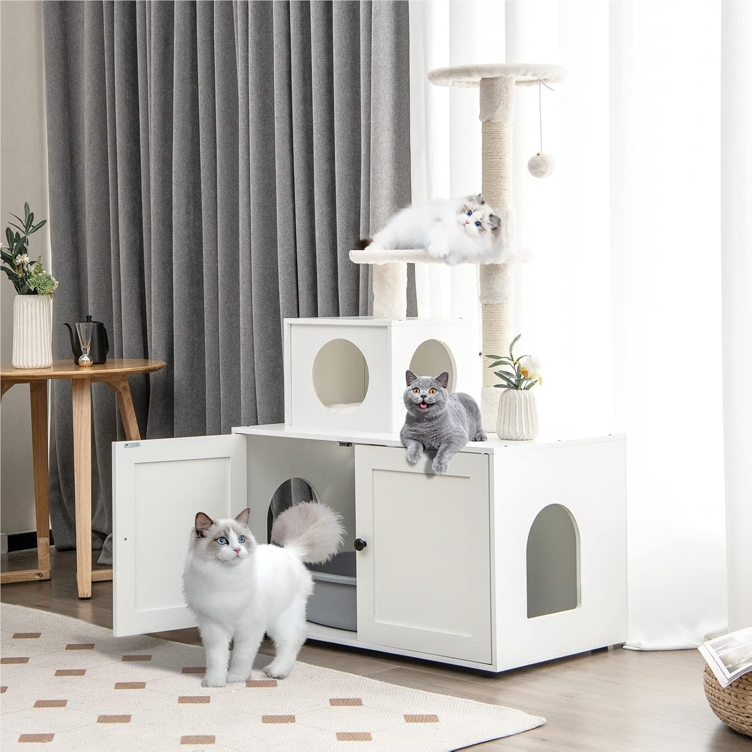Image of Litter Box Cabinet And Cat Tree, Sisal Scratching Post, Condo And 3 Platforms, Plush Bell And Divider, Litter Box For Indoor Cats