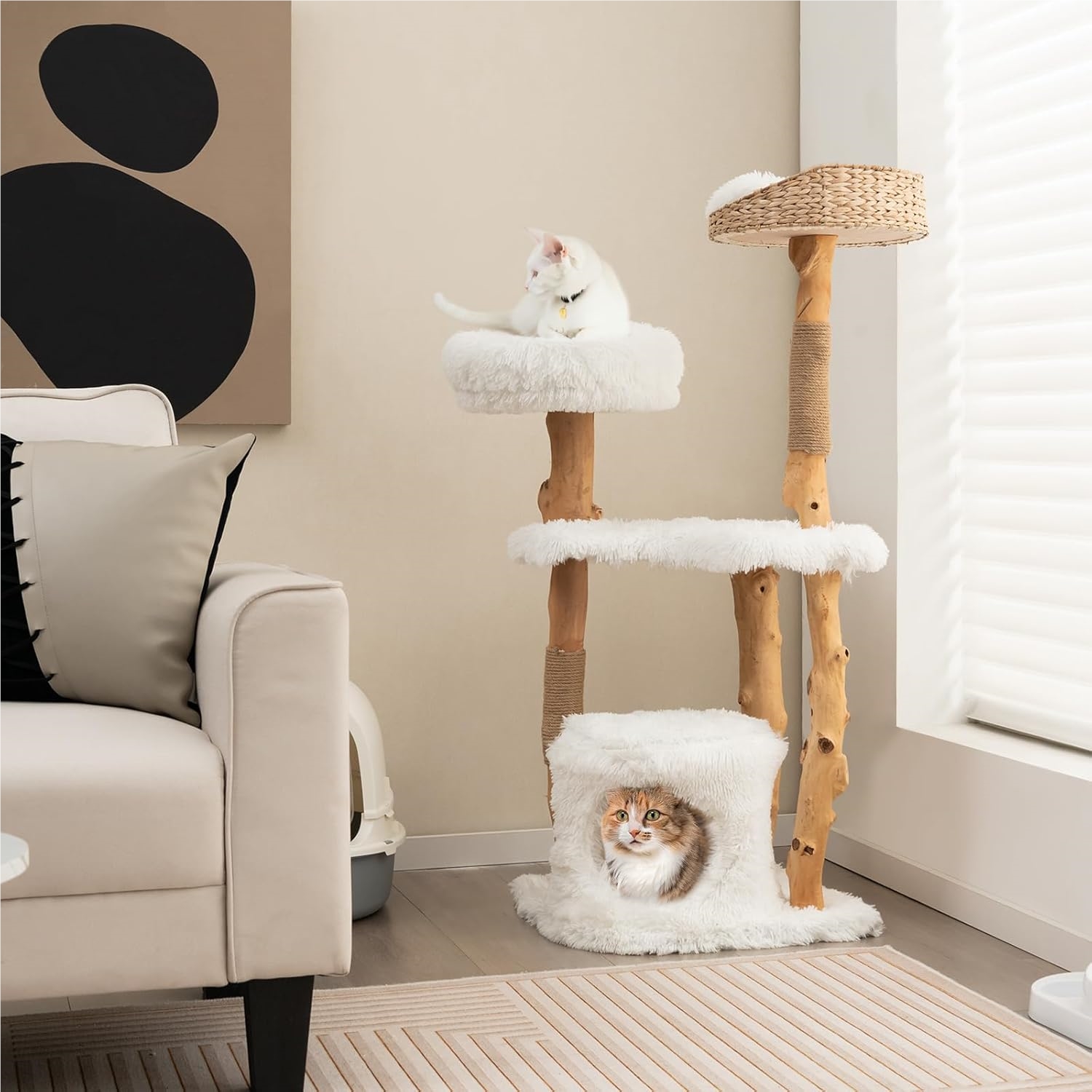 49inch Tall Cat Tree, Solid Wood Cat Tower With Fluff Perch, Cat Condo, Platform And Jute Scratching Posts