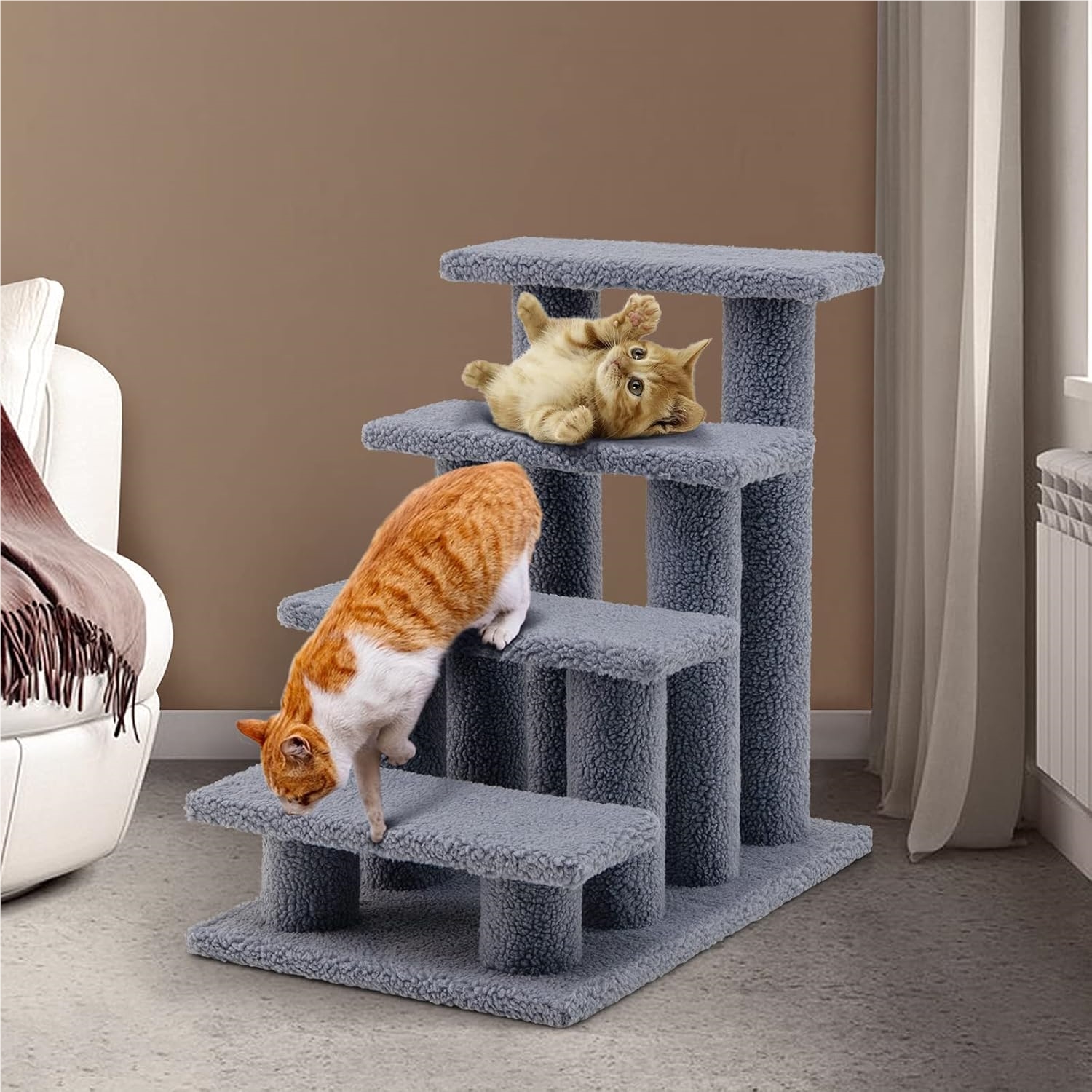 4 Step Cats Stairs, Upholstered Dog Steps Ladder For High Bed, Couch And Window, Multilayer Cat Tree For Small
