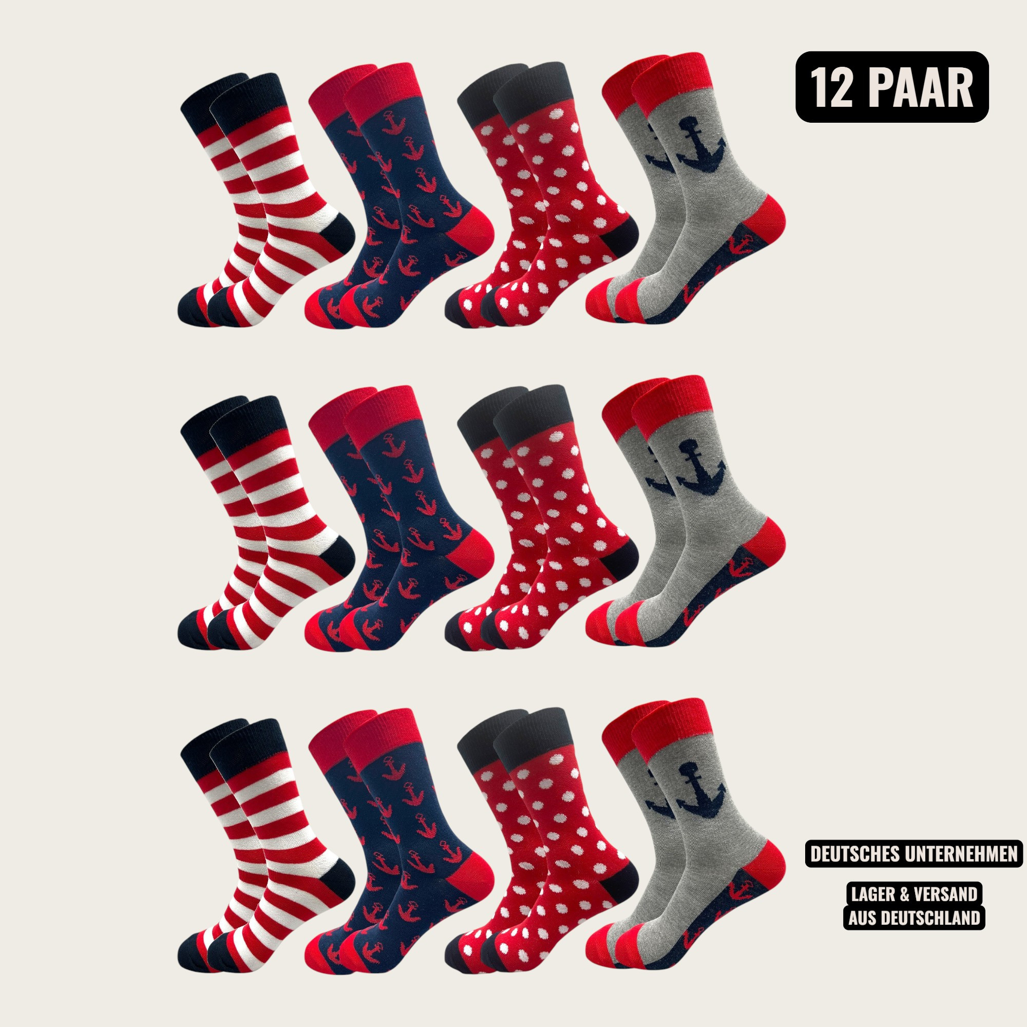 Image of 12 Pairs Women's Socks With Nautical Anchor, Stripes & Polka Dots Design – Comfortable & Breathable In Sizes M = 35-38 And L = 39-42