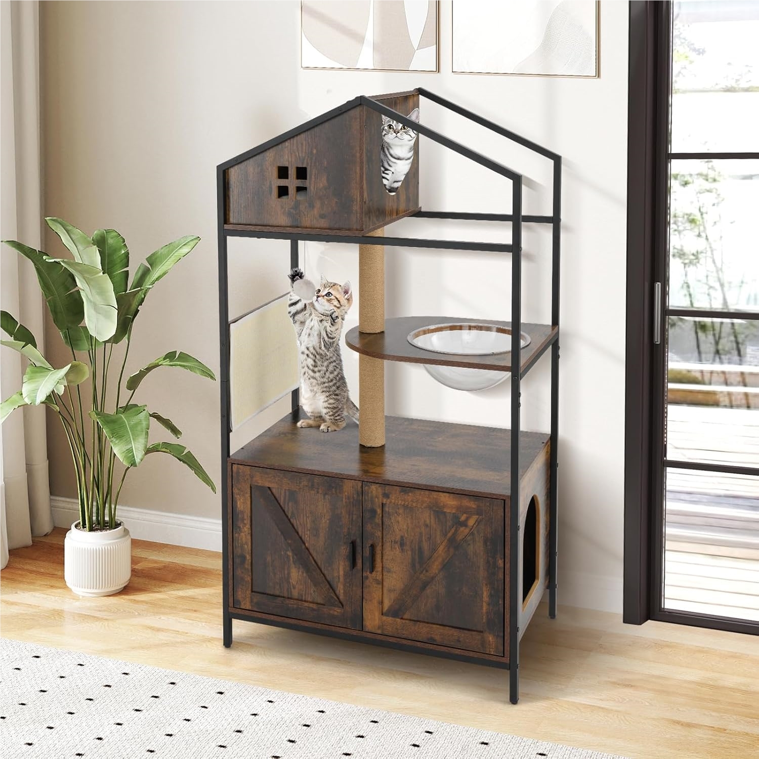 Image of Cat Furniture With Litter Box Compartment, Scratching Posts And Mat, Clear Pod,vents, Multi Level Cat Condo Furniture