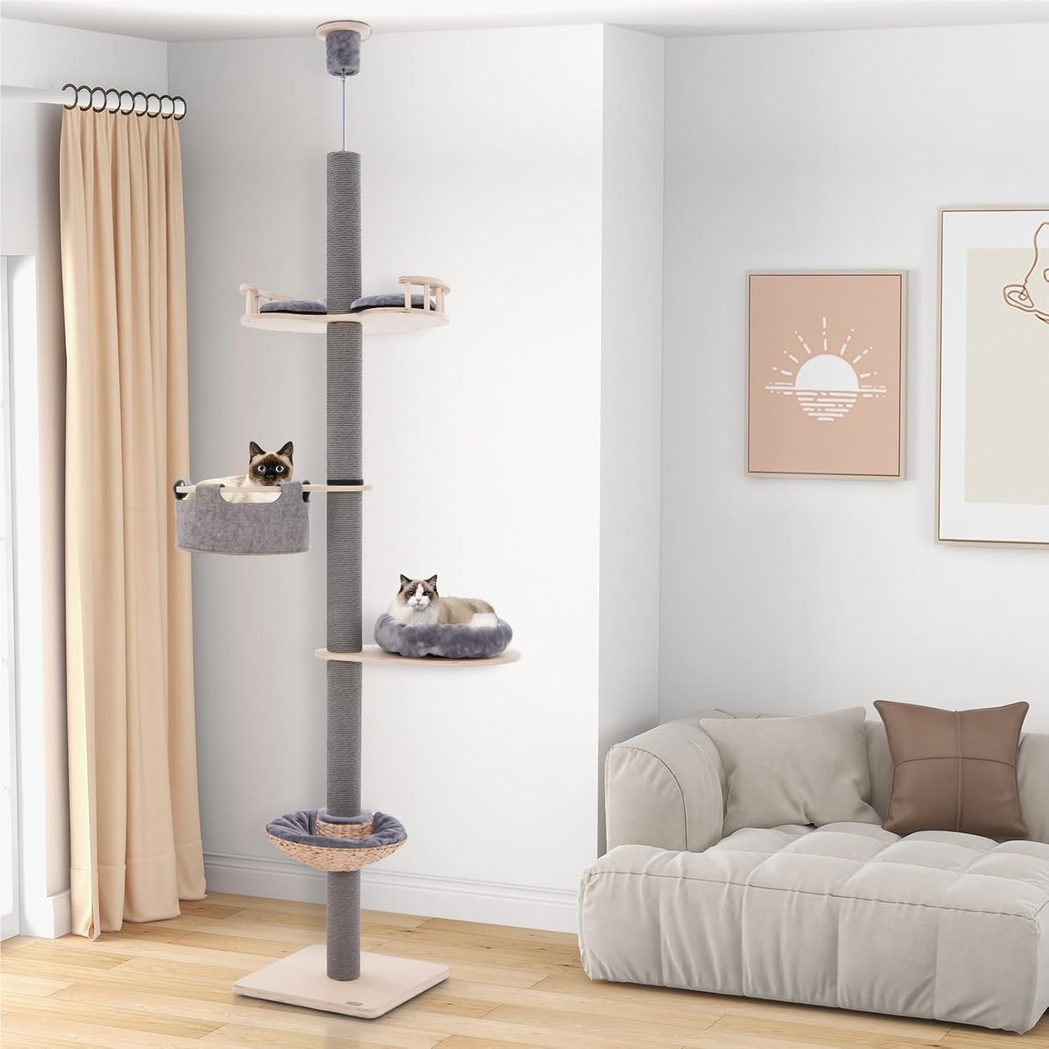 Floor To Ceiling Cat Tree, Tall Cat Tower With Adjustable Height For Indoor Cats,, Basket Bed, Hammock