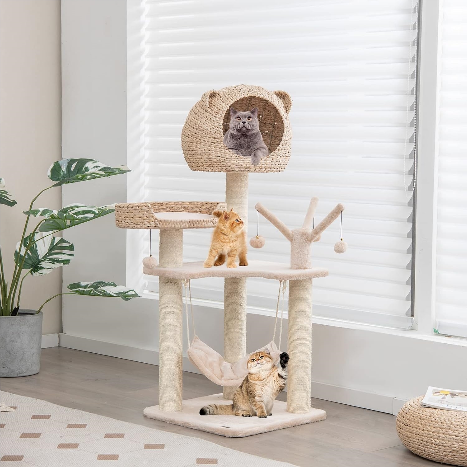 Modern Cat Tree Tower, Multi Level Cat Play Activity Center With Natural Sisal Scratching Posts, Hammock