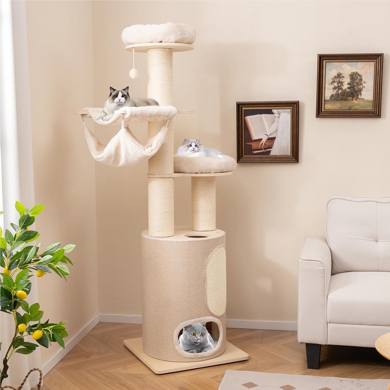 74inch Multi Level Cat Tree, Wooden Cat Tower With 2 Story Cat Condo, 2 Hammocks, 2 Perches, Sisal Scratching Posts