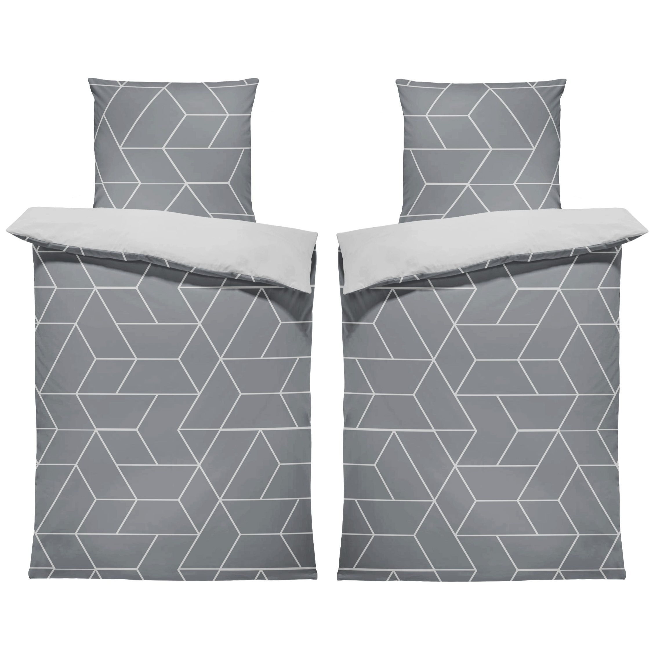 E-shop 4 teilig Partner Bettwäsche 135x200 cm Geometrisch Line grau Wende Weiche Mikrofaser Modern Kissenbezug 80x80 cm mit Reißverschluss