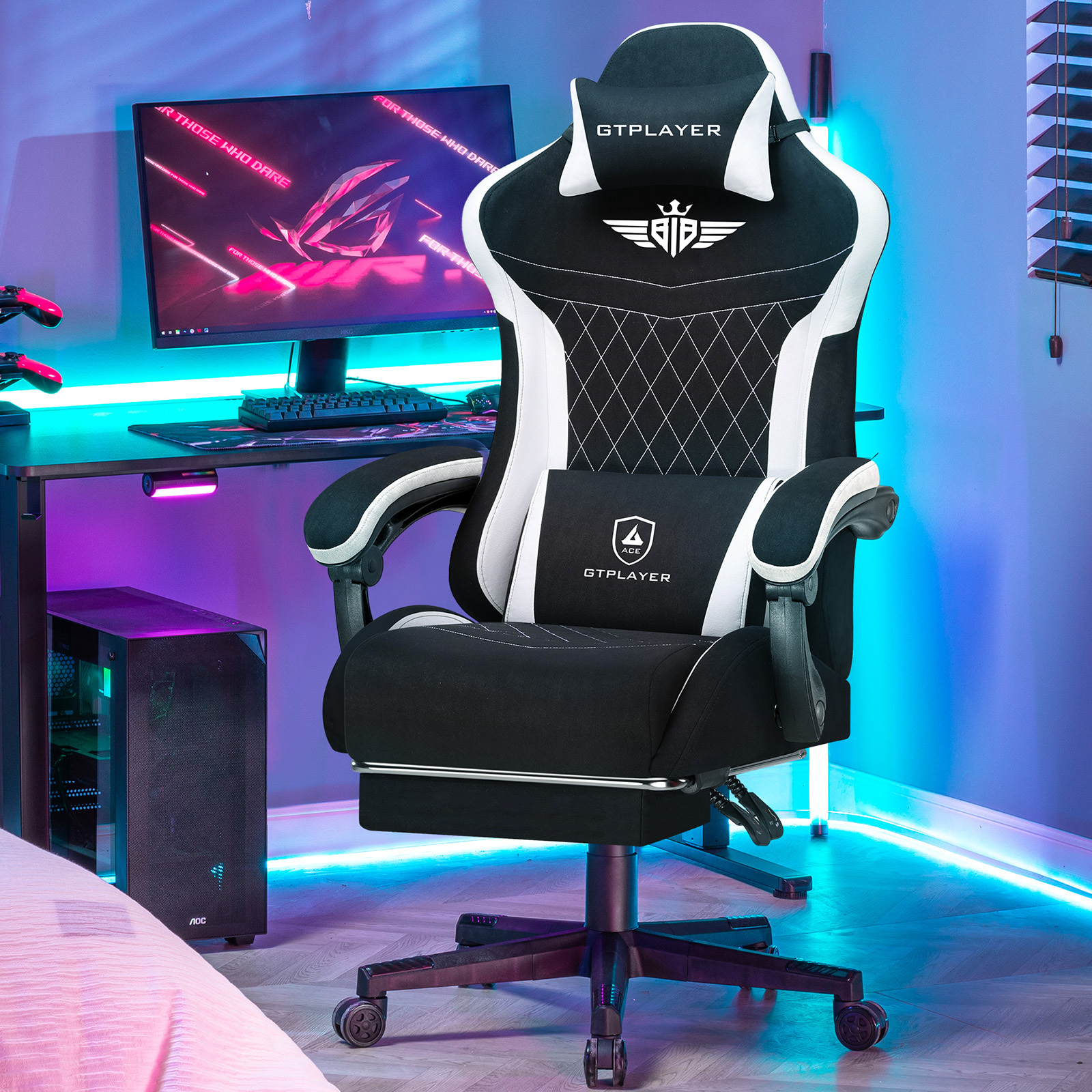 Image of Gaming Chair, Ergonomic Gamer Chair Made Of Fabric With Lumbar Support, With Widened Backrest, Loadable Up To 150 Kg