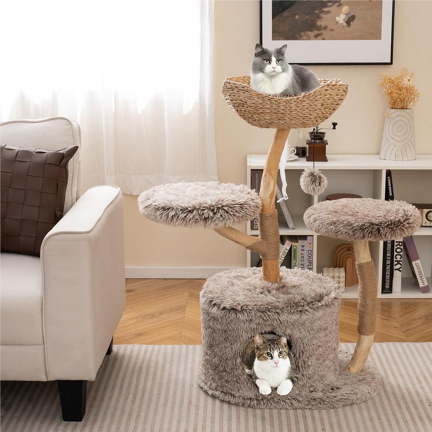 Solid Wood Cat Tree, Multi Level Cat Activity Tower With Well-woven Basket, Luxury Condo, Scratching Posts