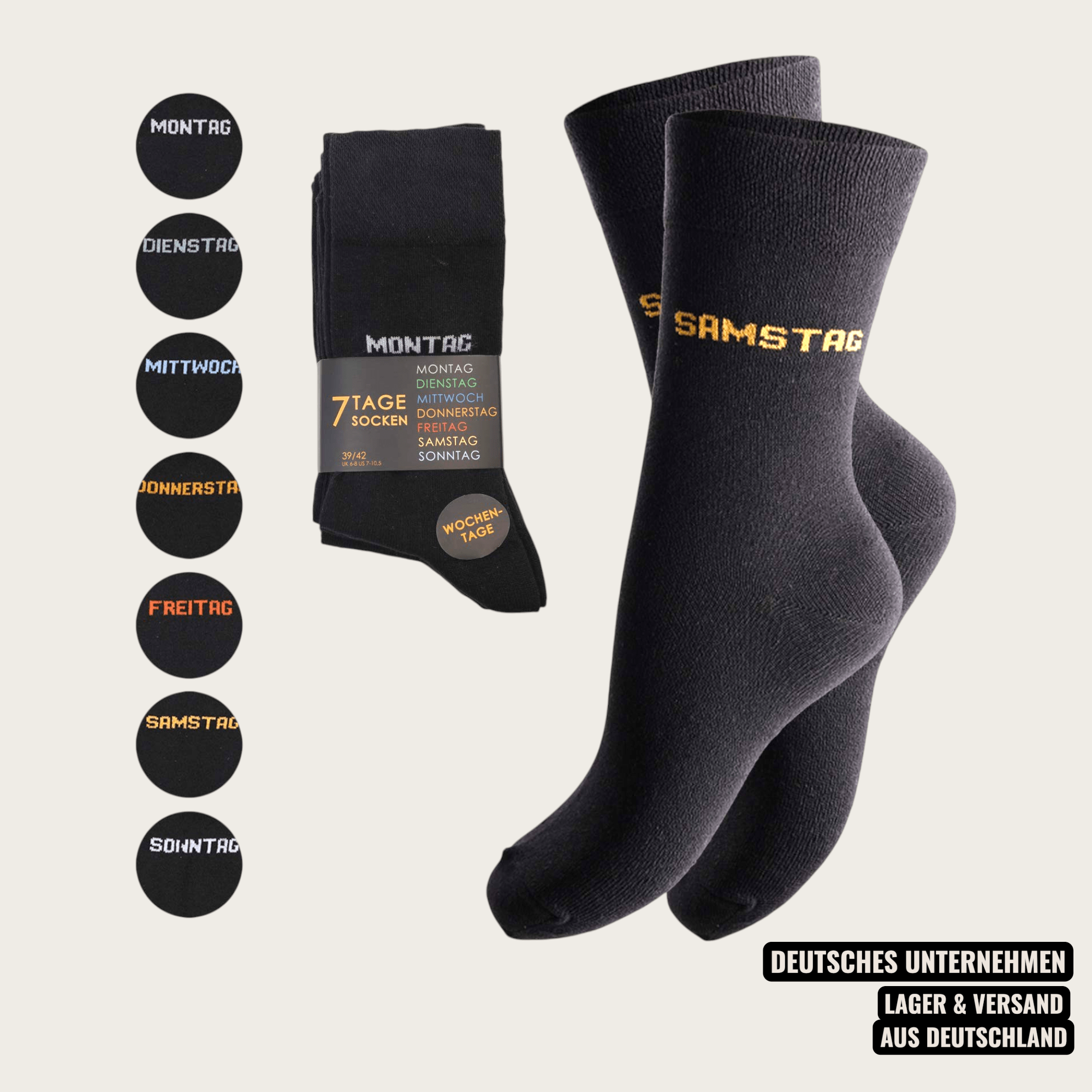 Image of Feelzone 7-pack Unisex Socks In Black – Comfortablesocks With Embroidered For Day Of The Week – , Office & Leisure In Sizes M = 35-38, L = 39-42, Xl = 43-46 & Xxl = 47-50