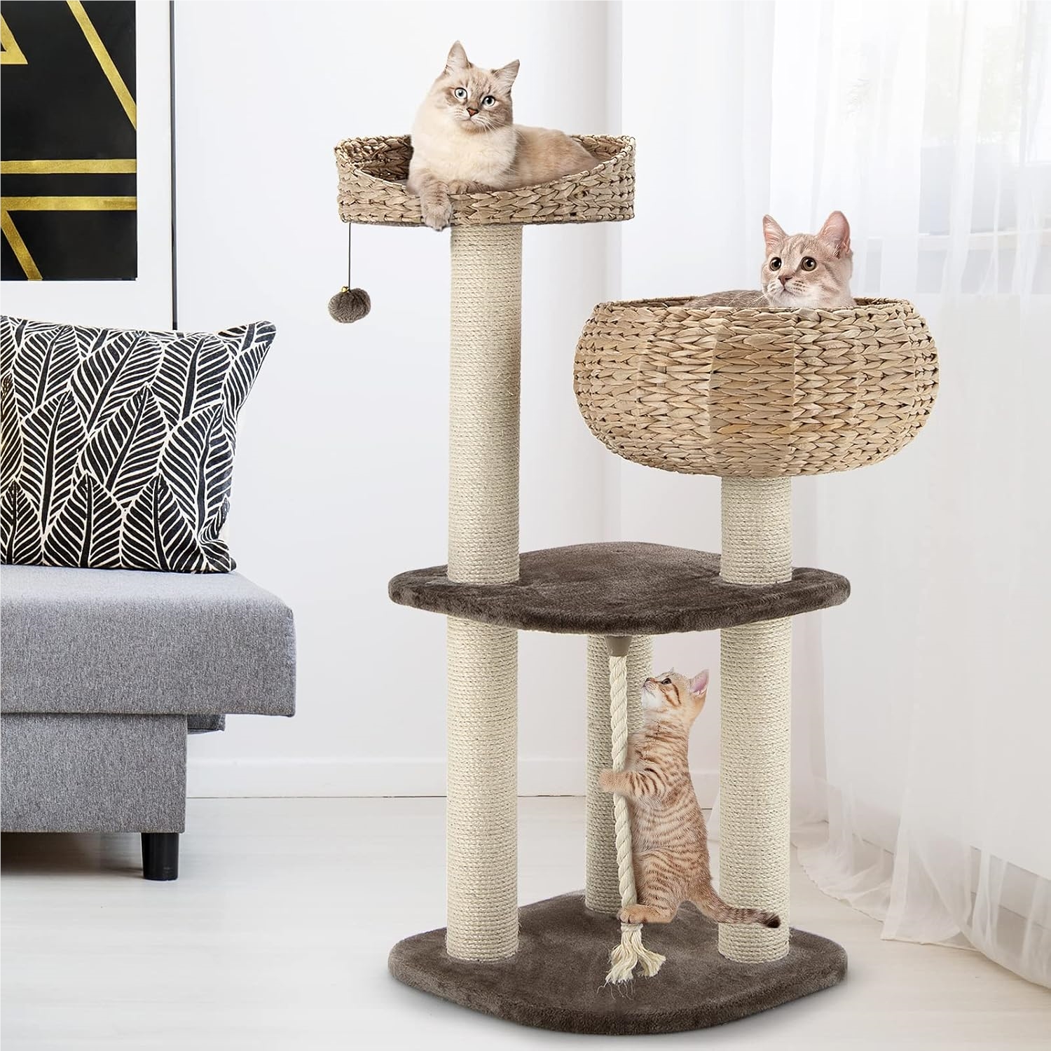 Cat Tree Tower, Indoor Cat Activity Tree With Cozy Perches, Basket Beds, Funny Hanging Toy Ball And Rope