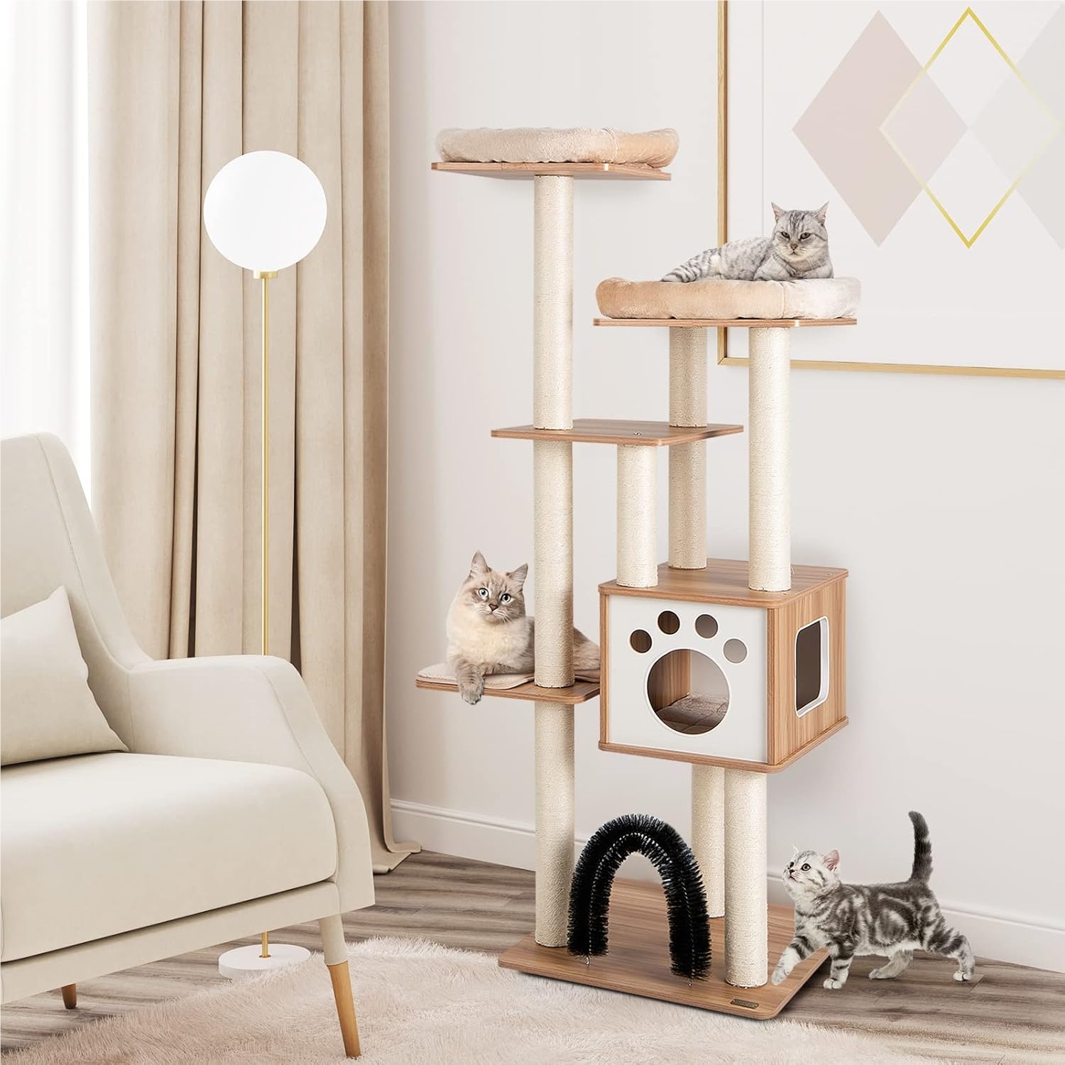 Image of 69.5 Inch Indoor Wooden Cat Tree With Self Groomer Arch, 6 Layer Modern Plush Cat Tower With 2 Door Condo, Dual Perch