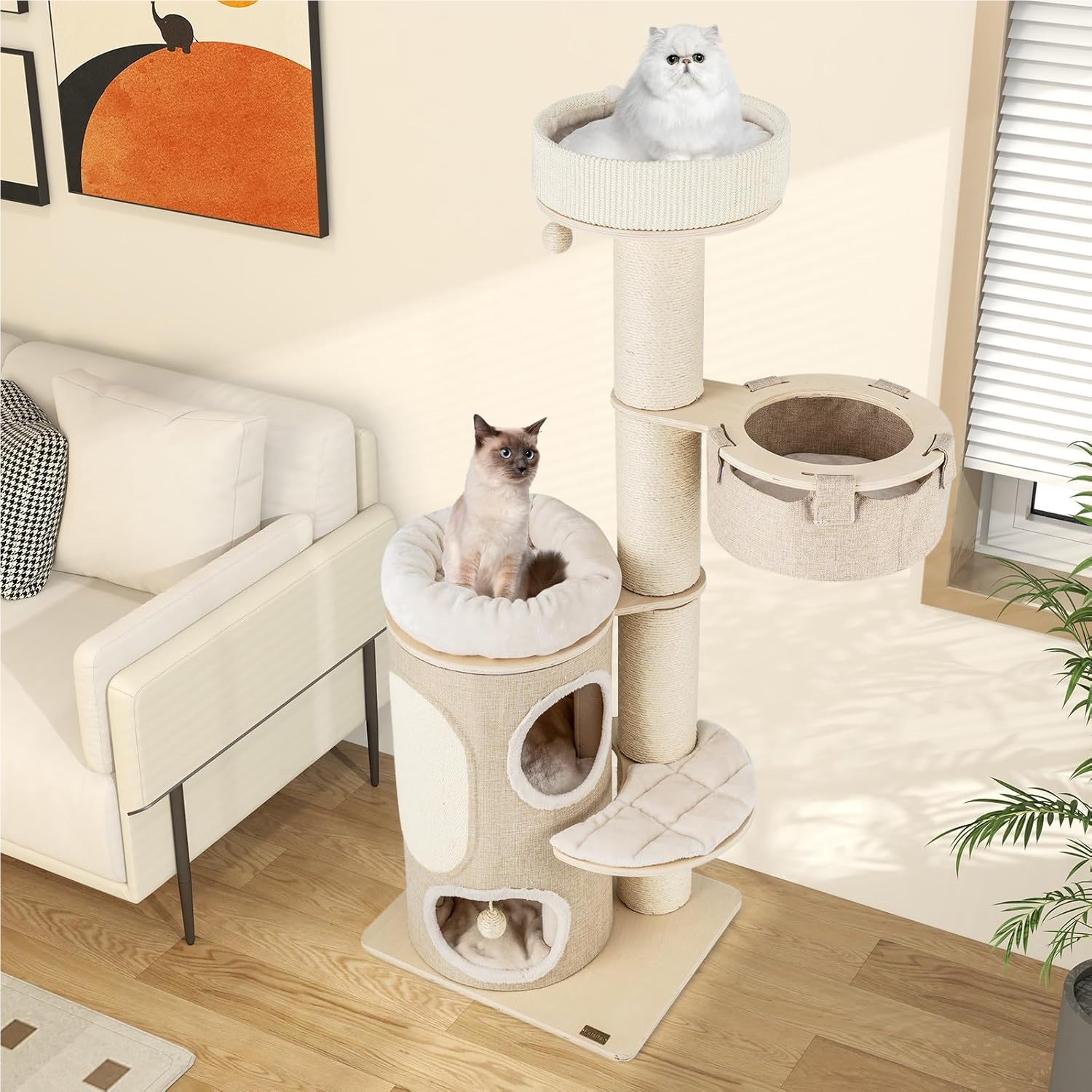 61inch Cat Tree Tower, Multi Level Activity Center With 2 Tier Cat Condo, 2 Cat Perches, Hammock, Interactive Sisal Ball