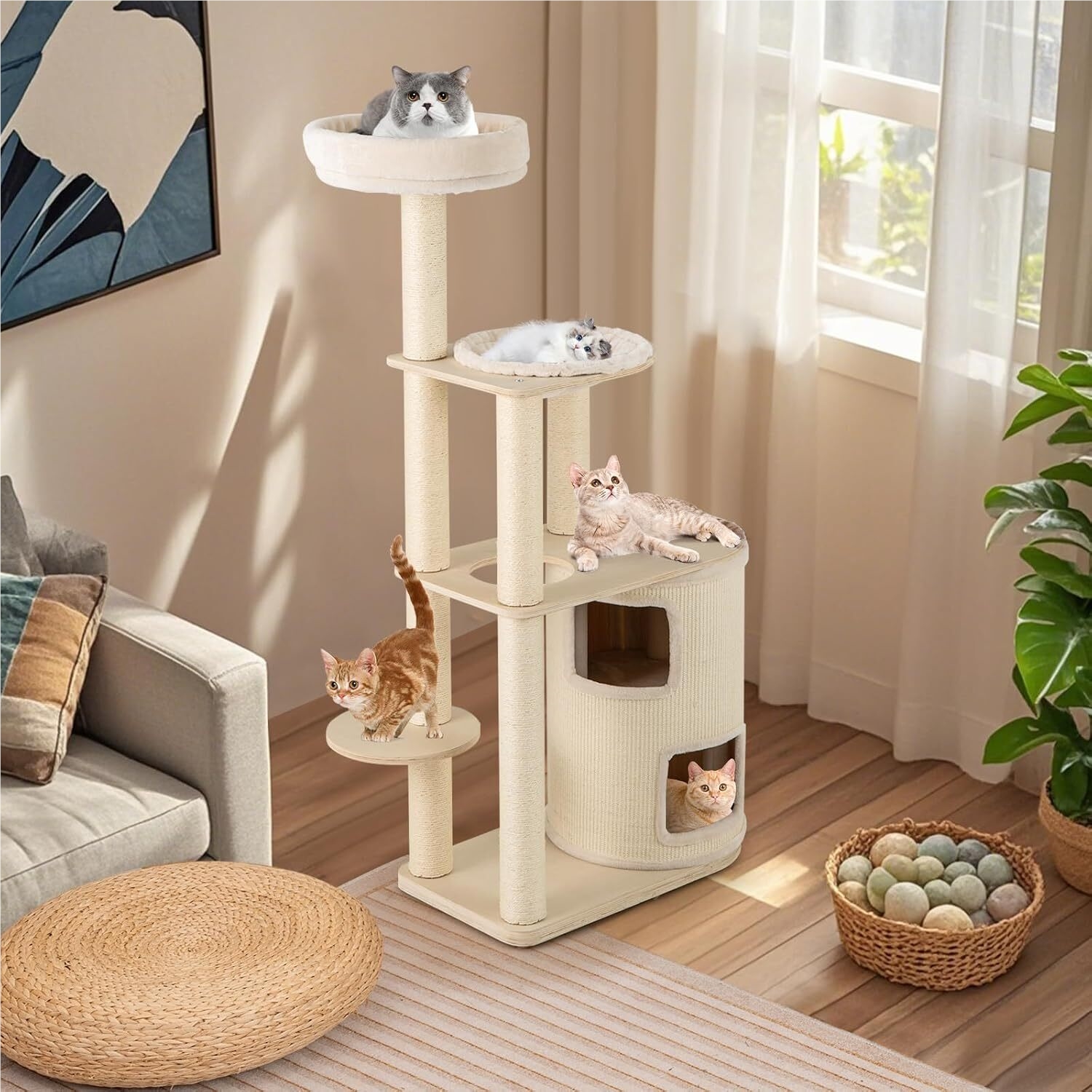 Image of Modern Cat Tree For Indoor Cats, 60 Inch Tall Wood Kitten Tower With 2 Story Condo, Sisal Scratching Posts And Mat, Top Perch