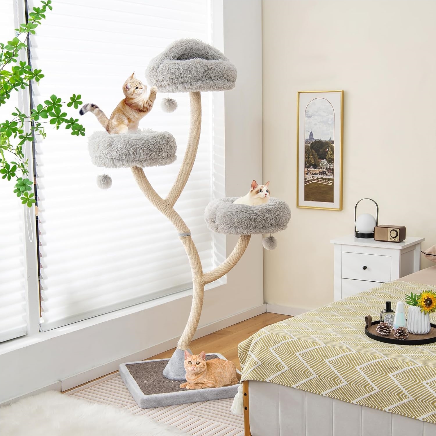70inch Tall Cat Tree, Cat Tower With Curved Metal Supporting Frame, Sisal Scratching Posts And Board, 4 Warm Perches
