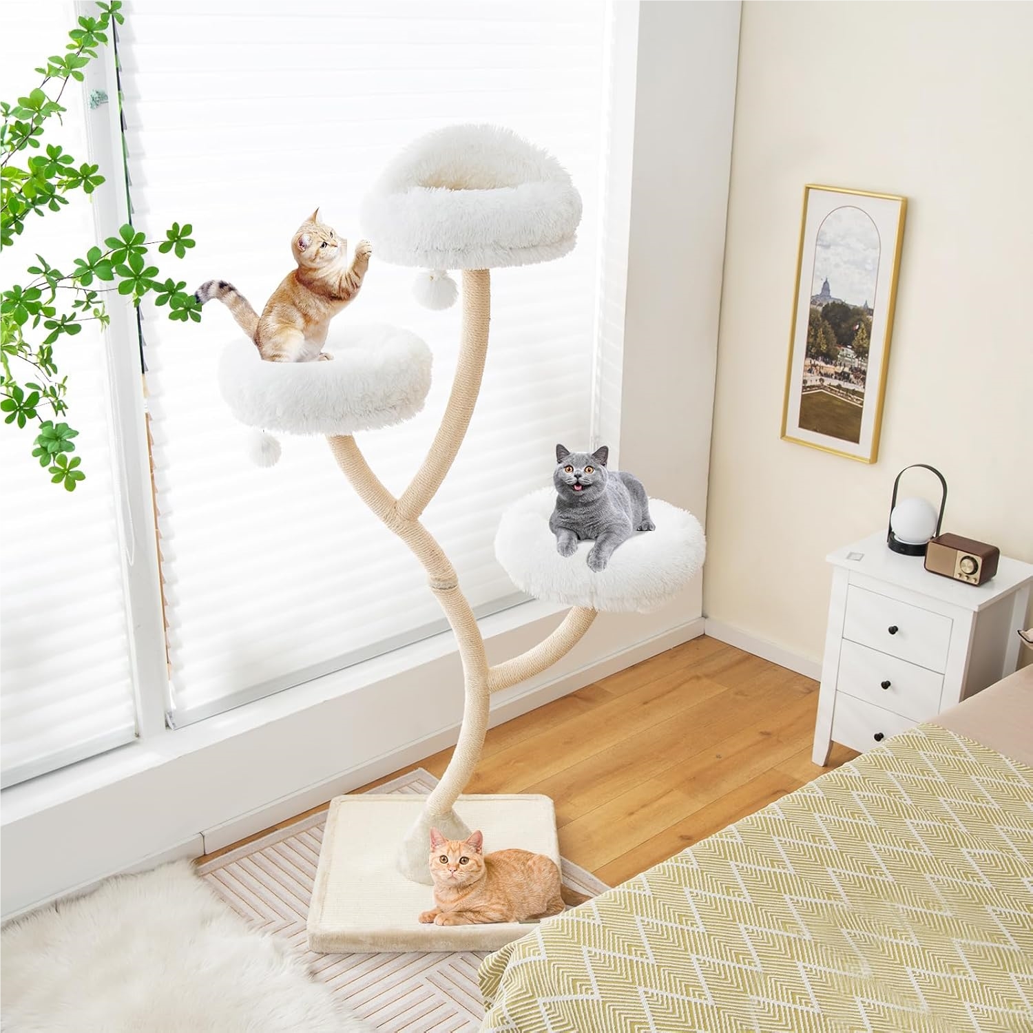 70inch Tall Cat Tree, Cat Tower With Curved Metal Supporting Frame, Sisal Scratching Posts And Board, 3 Warm Perches