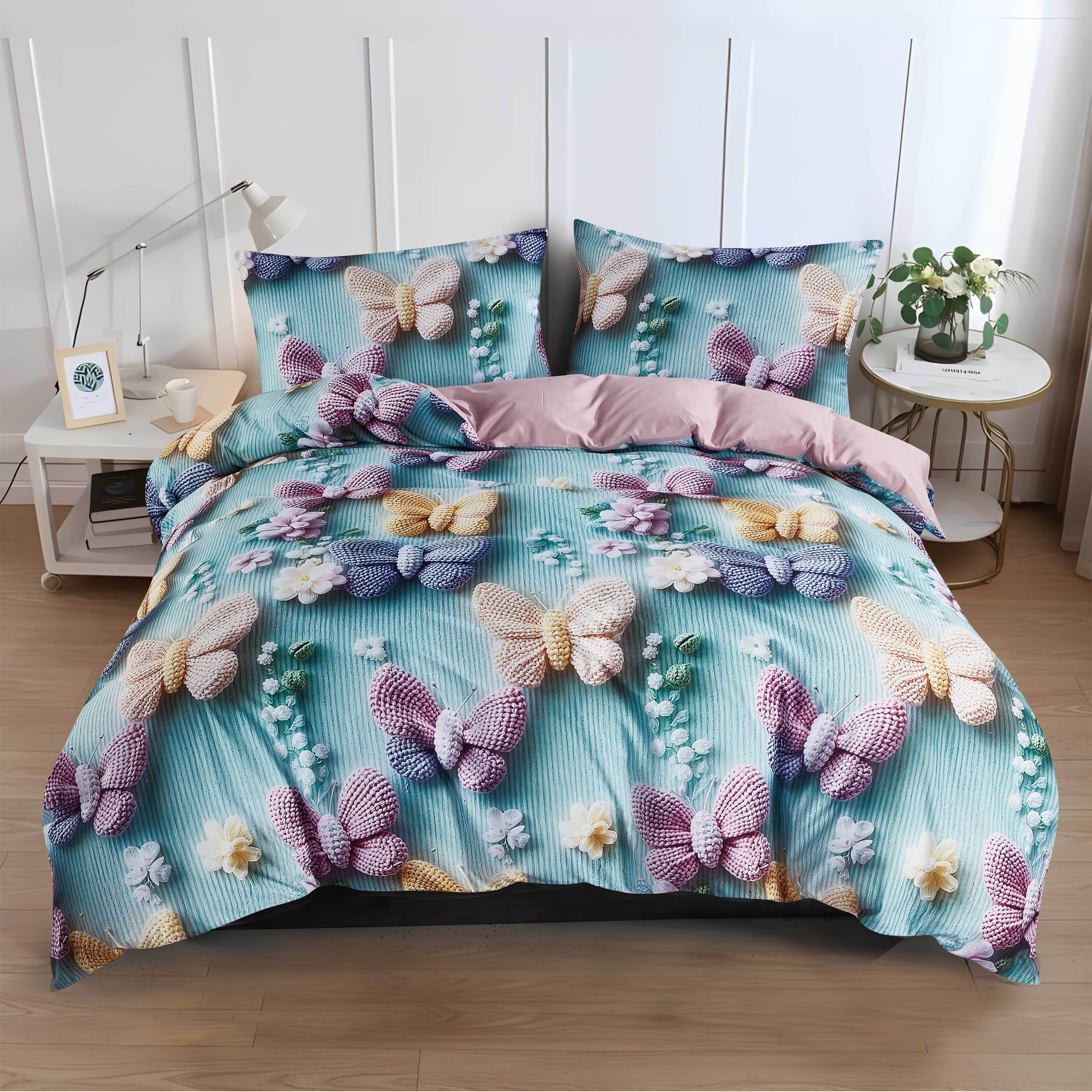 Image of [dancing Butterflies]2/3pcs Set (1 Duvet Cover +1/ 2 Pillowcases)! Turquoise Base With Colorful Prints, A Must-have For Bedroom!