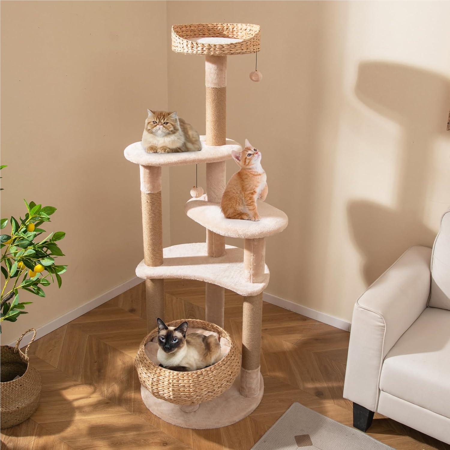 65inch Cat Tree, Multi Level Cat Tower With Jute Scratching Posts, Dangling Balls, Basket And Perch,activity Center