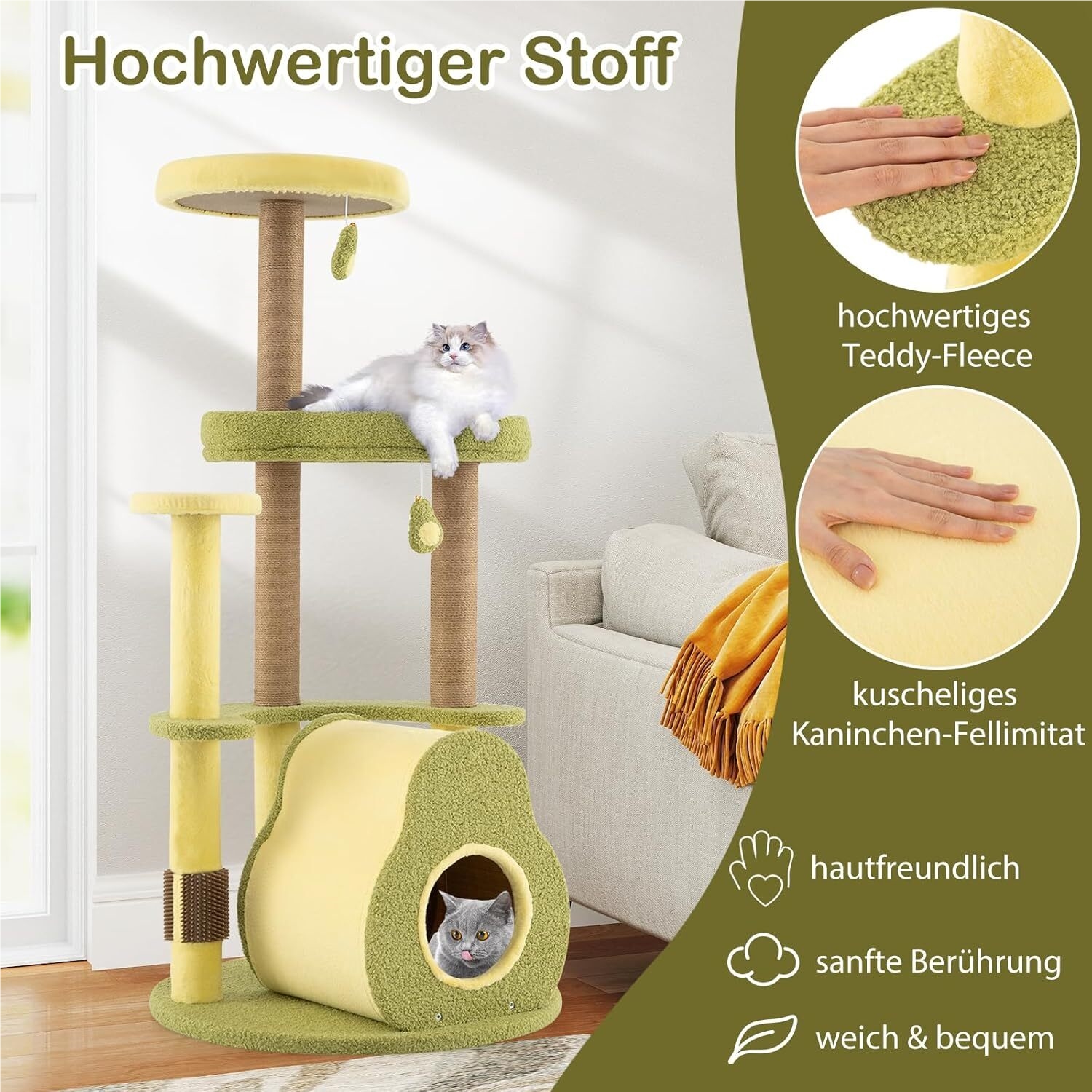 Image of Avocado Style Cat Tree, 125 Cm Cat Tower With Scratching Post And Board, Cat Self-groomer, Swing Ball, Avocado-shaped House