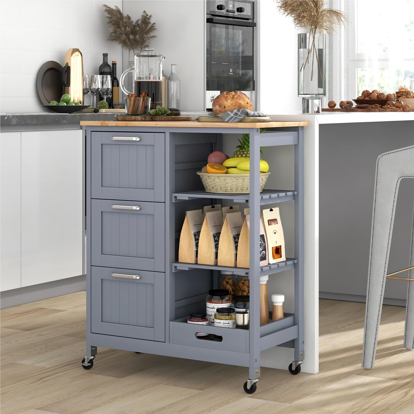 Image of Kitchen Cart With Tray, Shelves, And 3 Large Drawers, Rolling Kitchen Cabinet, Rubberwood Kitchen Island, Serving Cart 67 X 37 X 83.5 Cm (gray)