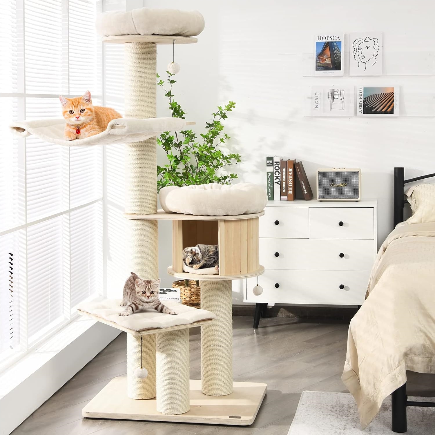 68.5 Inch Solid Wood Cat Tree. 4-layer Cat Tower With Sisal Scratching Posts, Cat Condo, Perch, Hammock