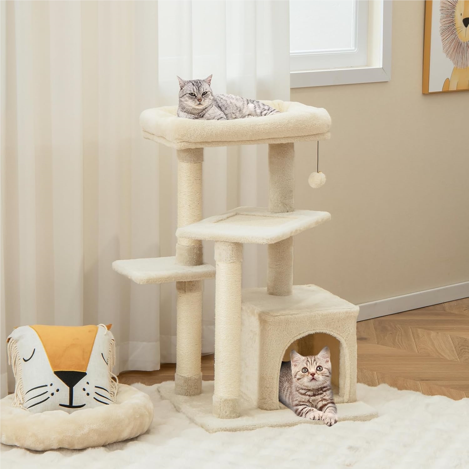 33.5 Inch Tall Cat Tree, Multi Layer Cat Tower With Sisal Scratching Posts And Board, Private Cozy Condo, Plush Perch