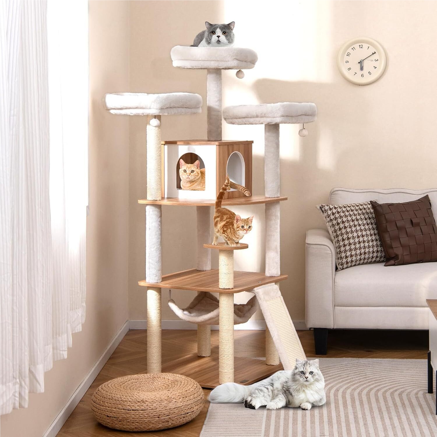 Modern Cat Tree For Indoor Cats, 68" Large Cat Tower With 3 Padded Perches, Condo, Sisal Scratching Posts And Ramp